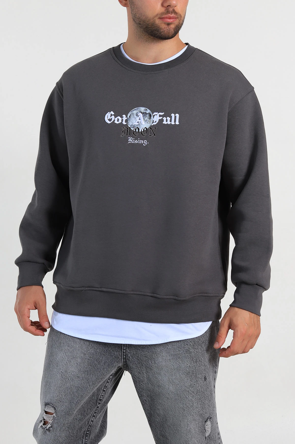 Füme Oversize Sırt Nakış Detaylı Baskılı Erkek Sweatshirt 306976