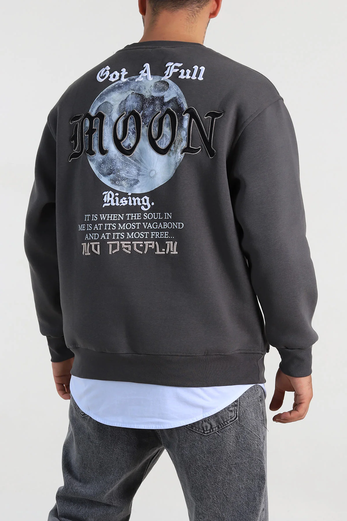 Füme Oversize Sırt Nakış Detaylı Baskılı Erkek Sweatshirt 306976