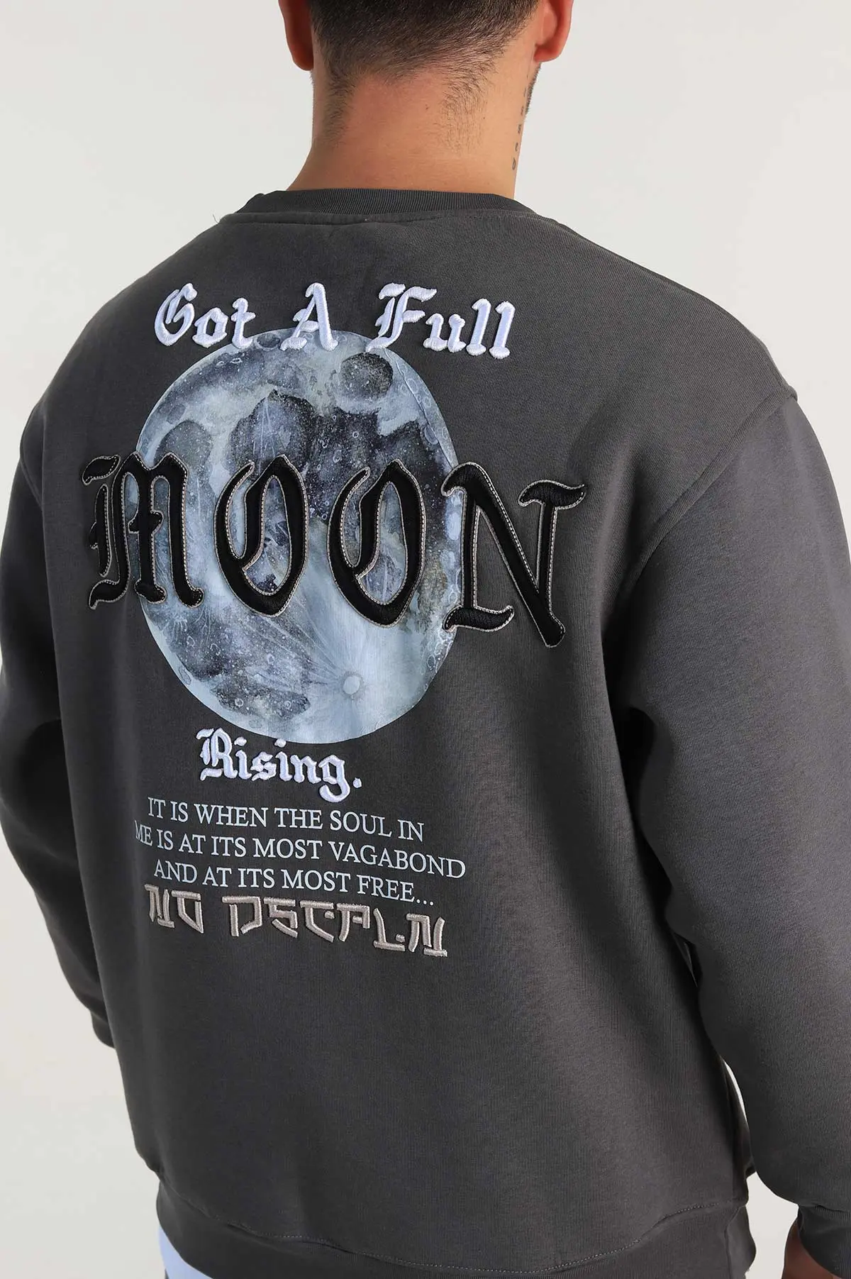 Füme Oversize Sırt Nakış Detaylı Baskılı Erkek Sweatshirt 306976
