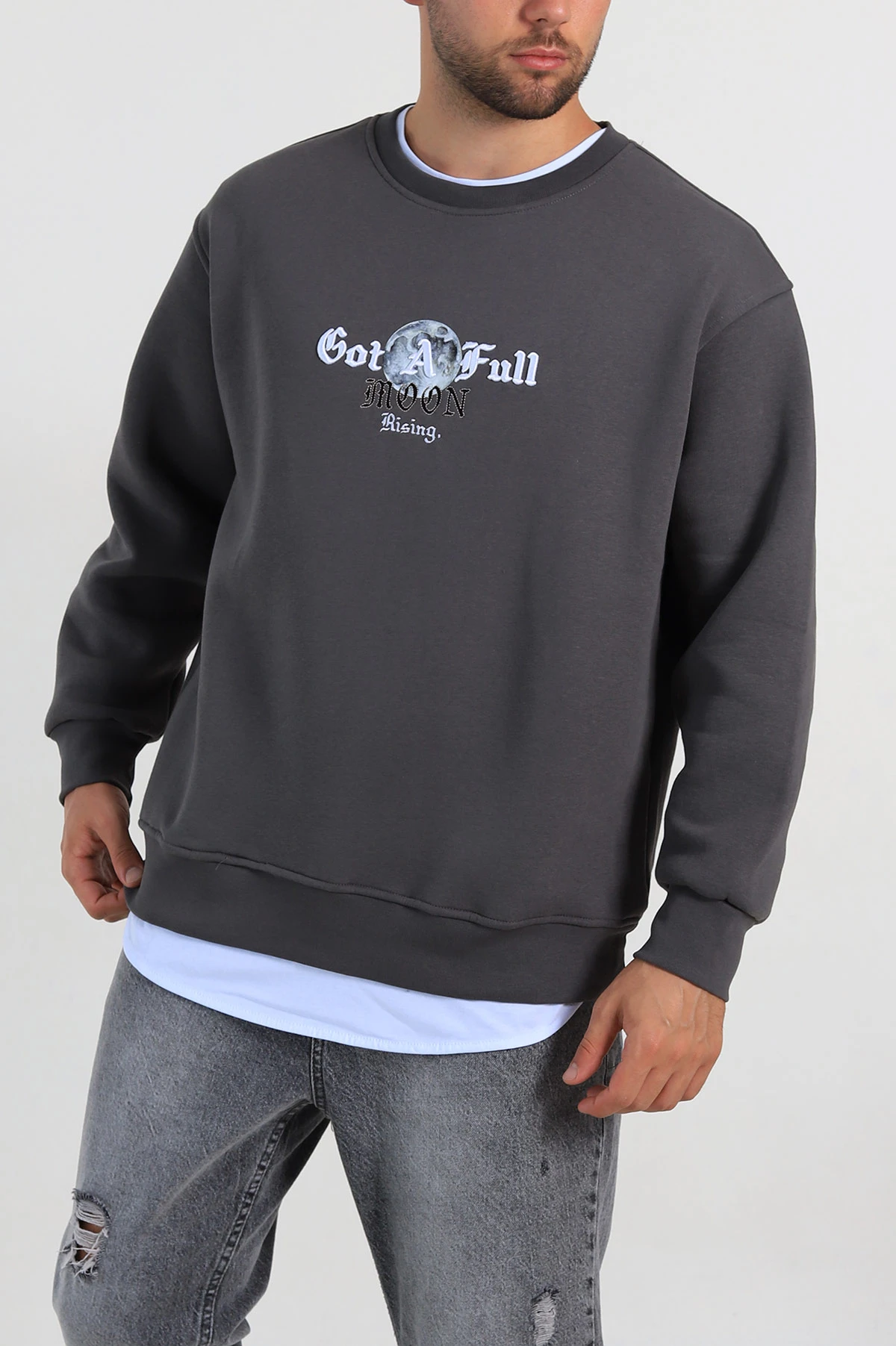 Füme Oversize Sırt Nakış Detaylı Baskılı Erkek Sweatshirt 306976