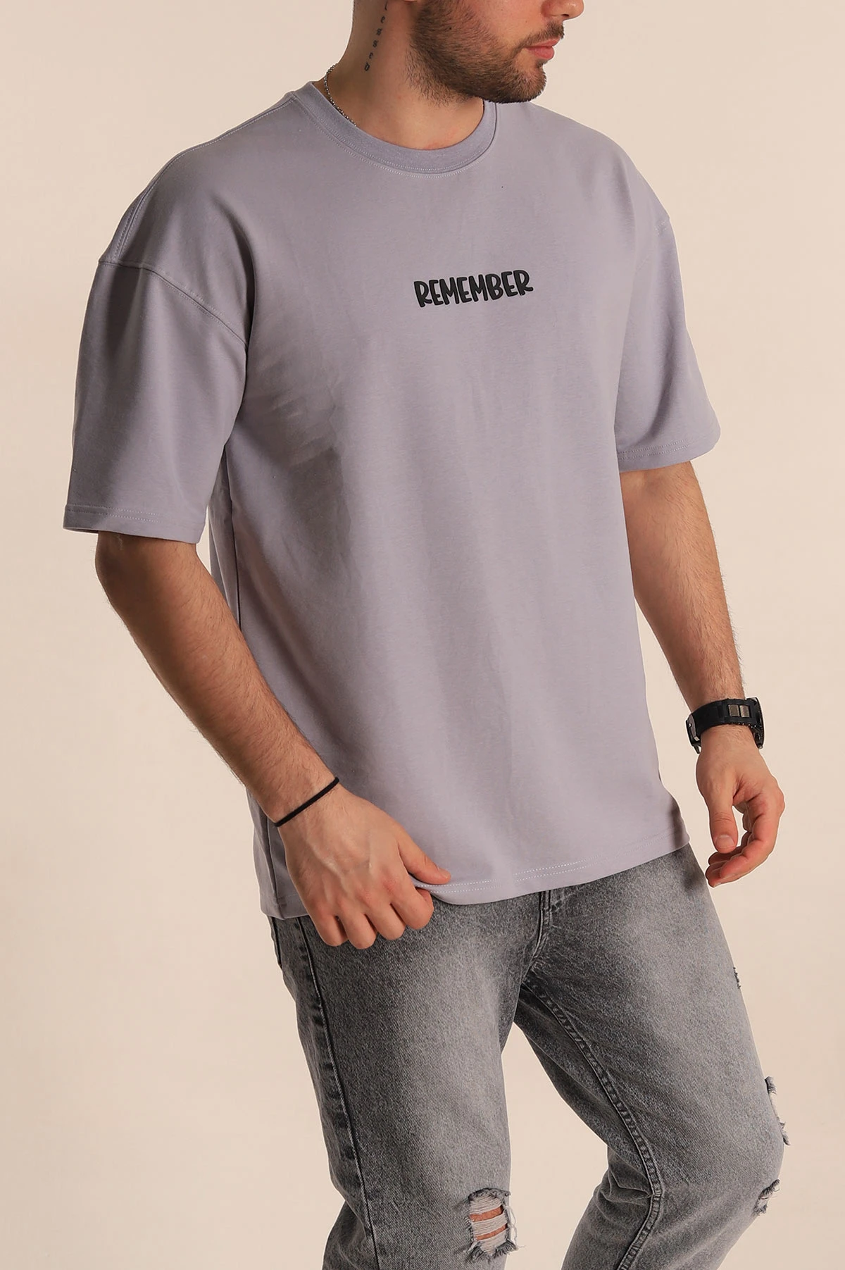 Füme Oversize Suprem Kumaş Kabartma Yazılı Erkek Tişört 267451