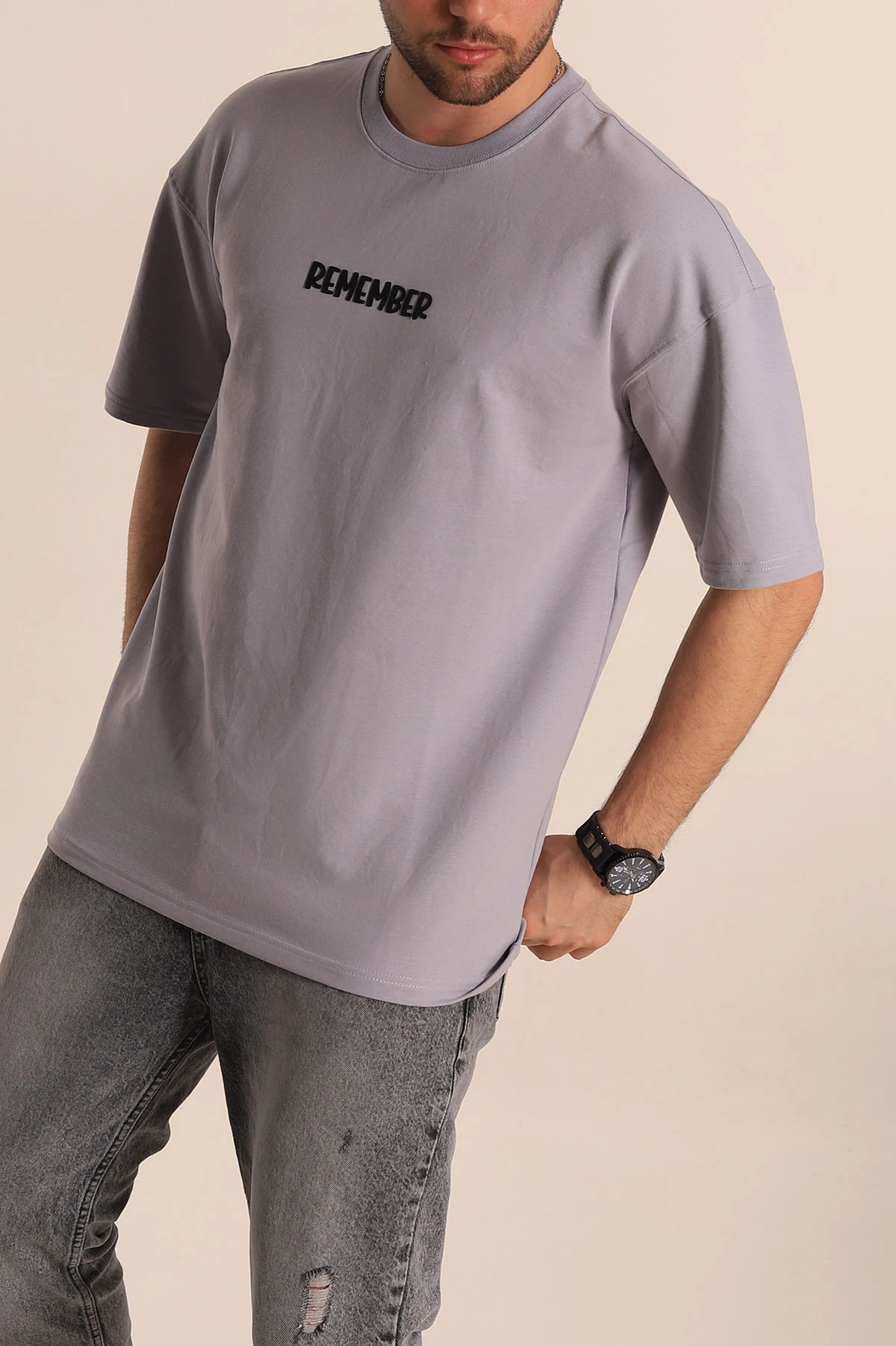 Füme Oversize Suprem Kumaş Kabartma Yazılı Erkek Tişört 267451