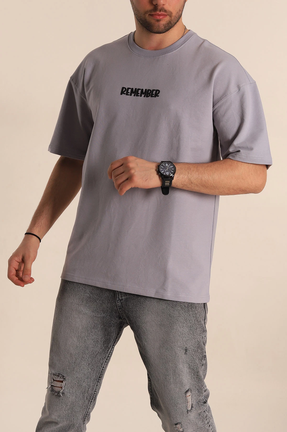 Füme Oversize Suprem Kumaş Kabartma Yazılı Erkek Tişört 267451