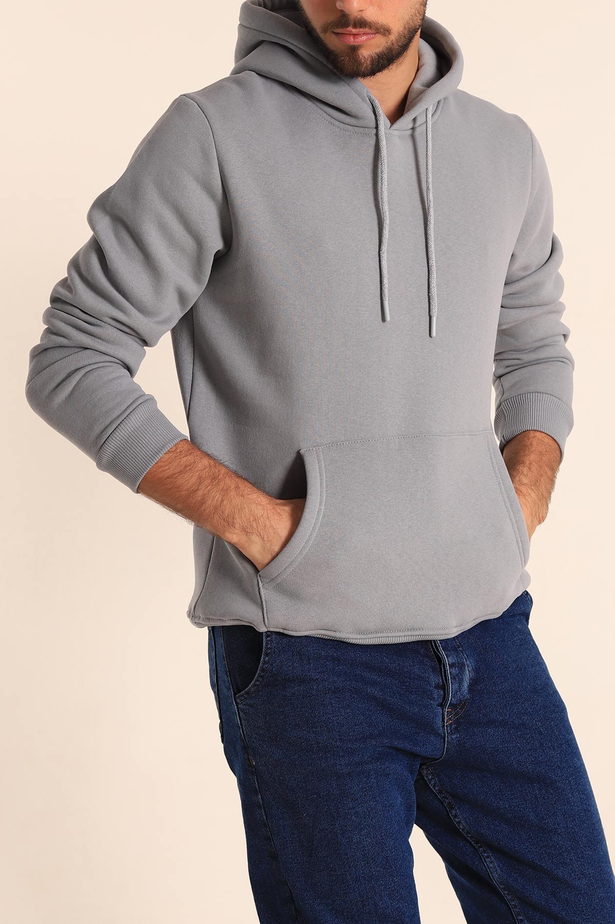 Füme Oversize Üç İp Şardonlu Basic Kapüşonlu Erkek Sweatshirt 222531
