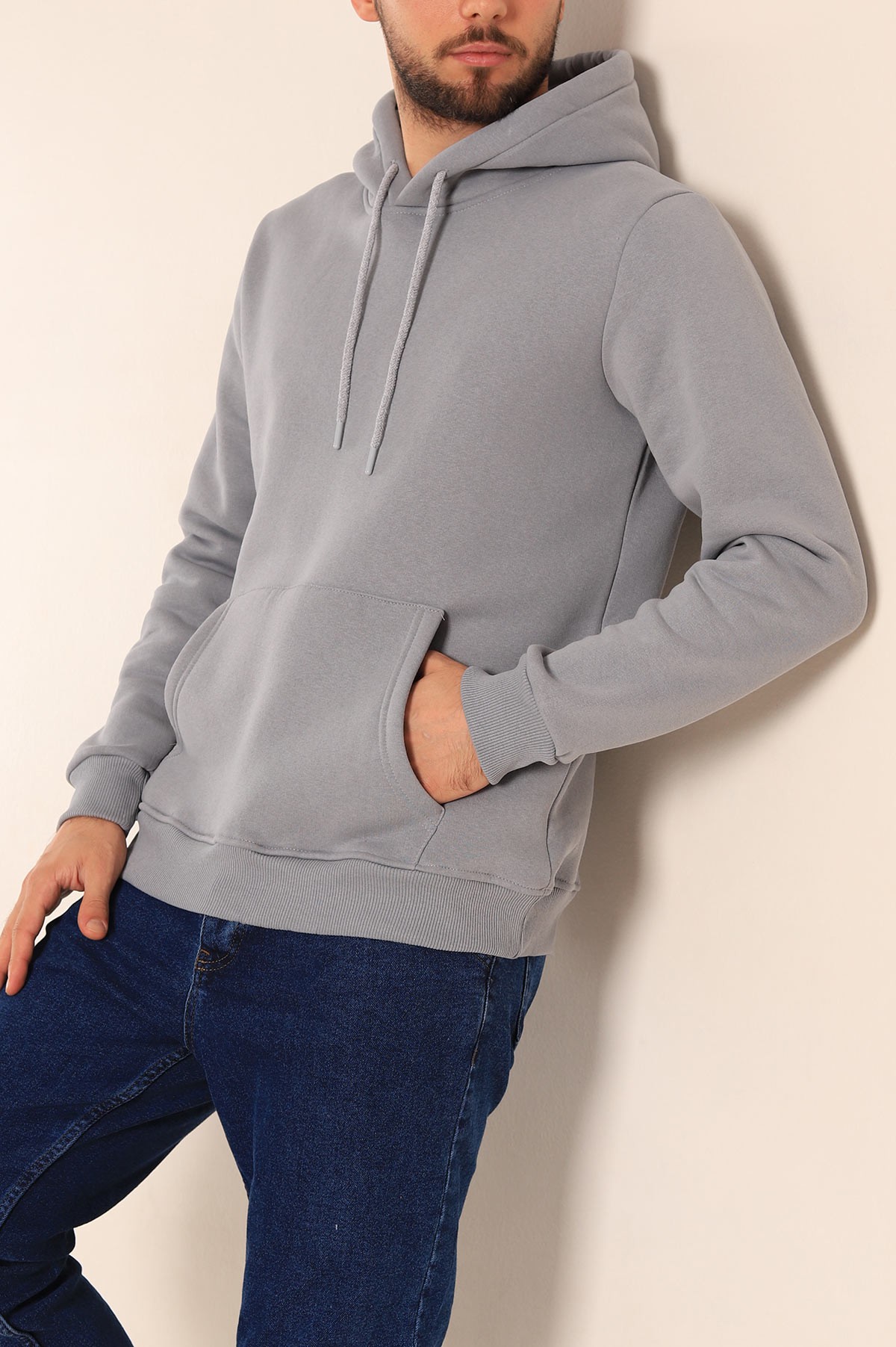 Füme Oversize Üç İp Şardonlu Basic Kapüşonlu Erkek Sweatshirt 222531