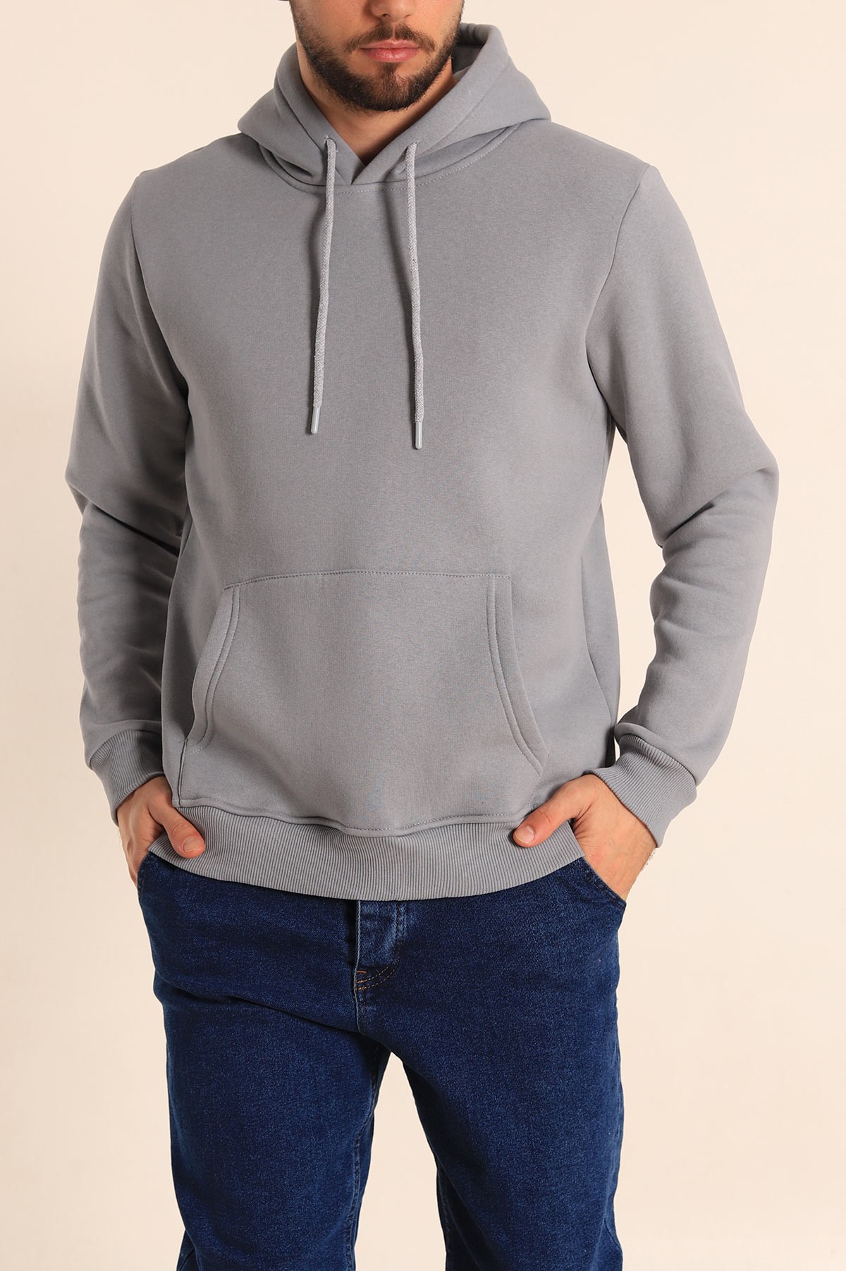 Füme Oversize Üç İp Şardonlu Basic Kapüşonlu Erkek Sweatshirt 222531