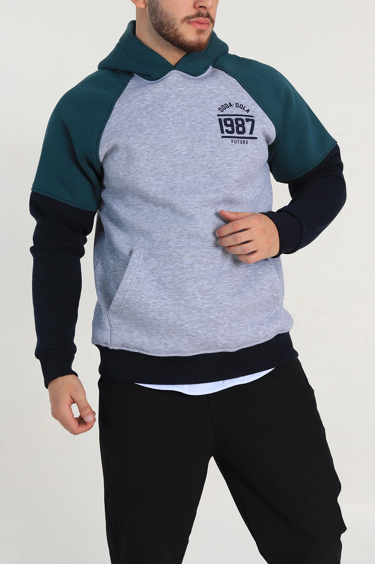 Füme Oversize Üç İp Şardonlu Yazı Detaylı Kapüşonlu Erkek Sweatshirt 309198