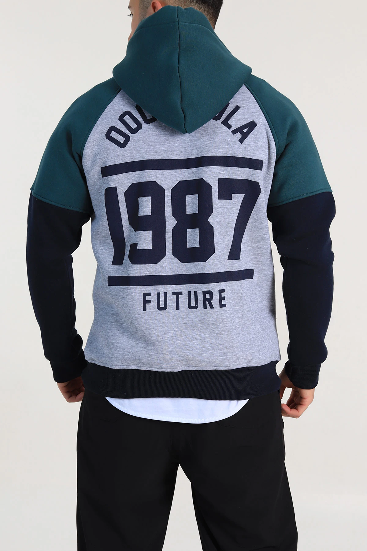 Füme Oversize Üç İp Şardonlu Yazı Detaylı Kapüşonlu Erkek Sweatshirt 309198