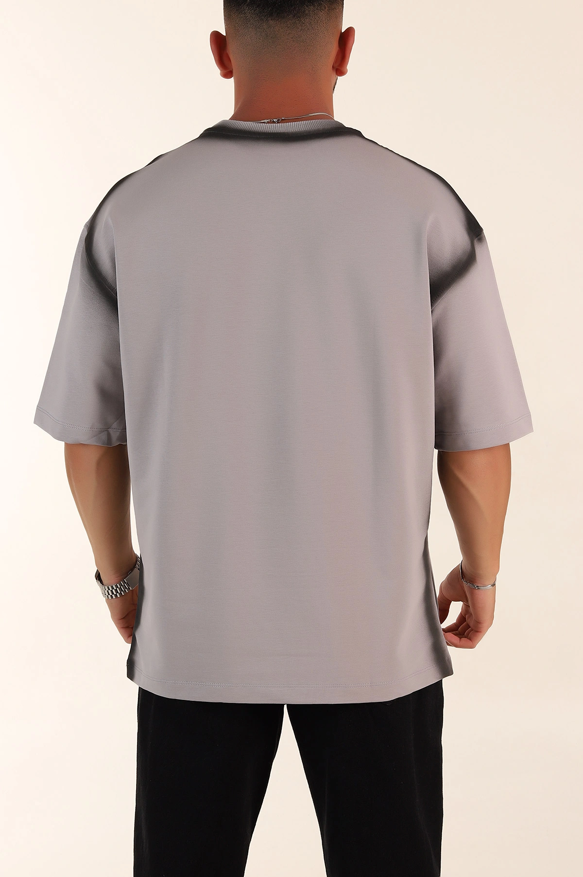 Füme Oversize Yazı Detaylı Yıkamalı Erkek Tişört 354075
