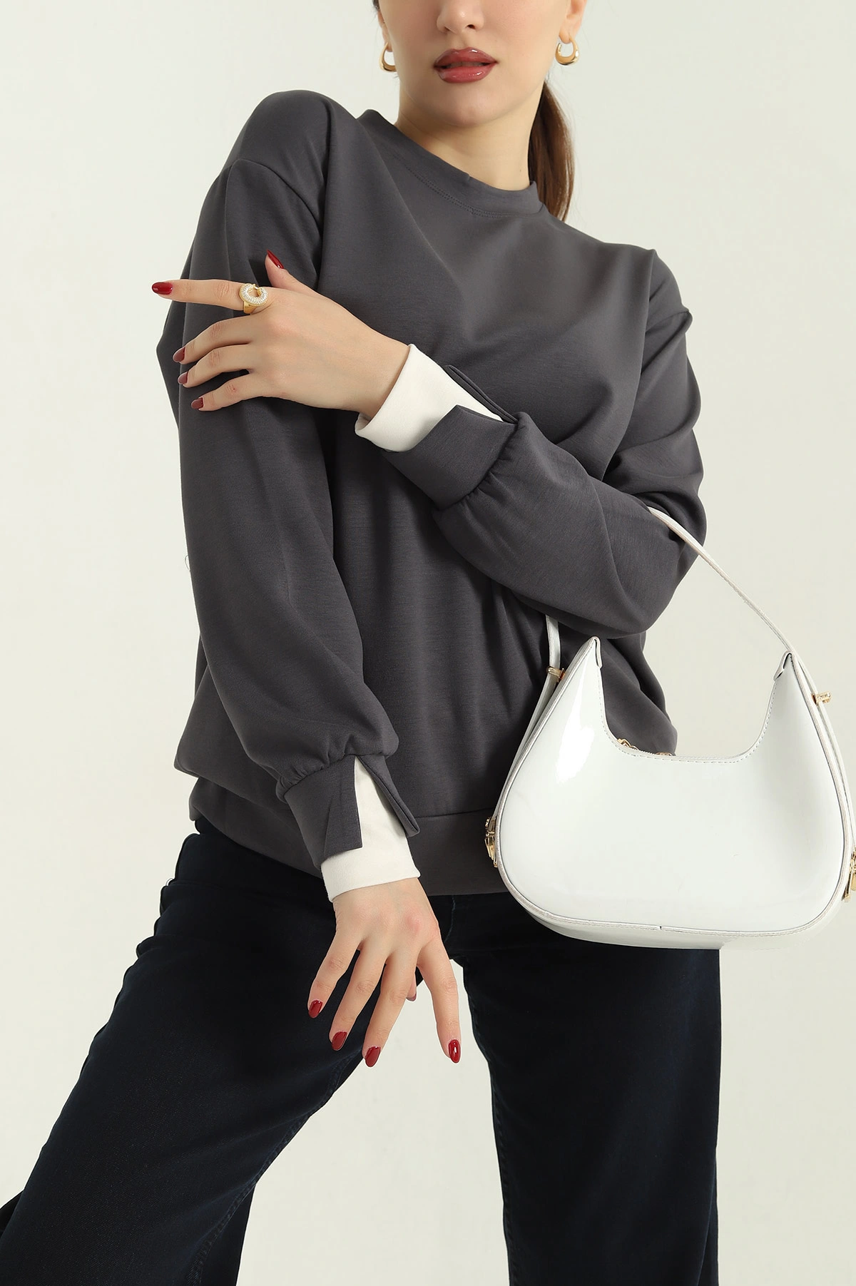 Füme Oysho Kumaş Garnili Bayan Sweat 335726