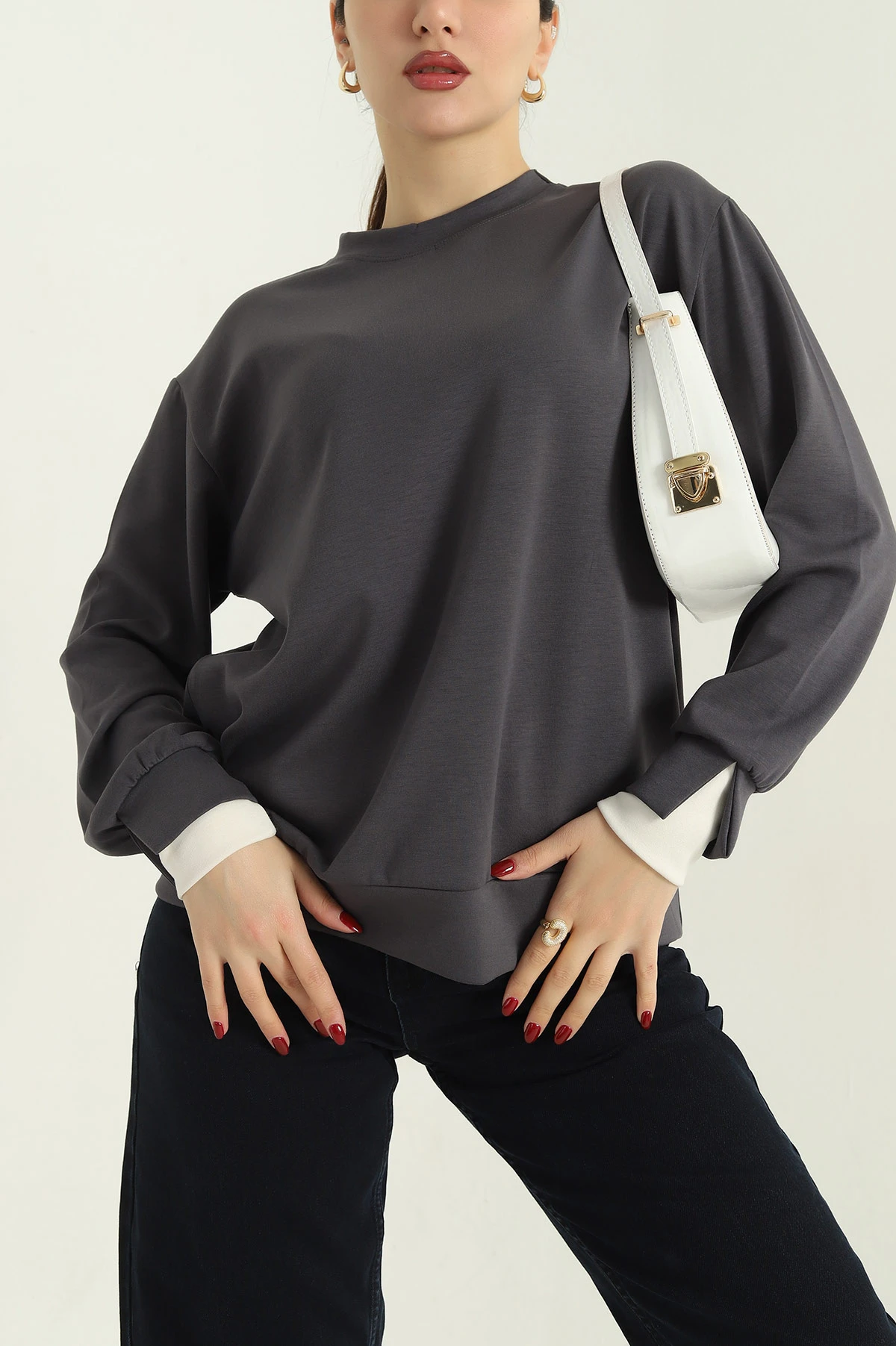 Füme Oysho Kumaş Garnili Bayan Sweat 335726