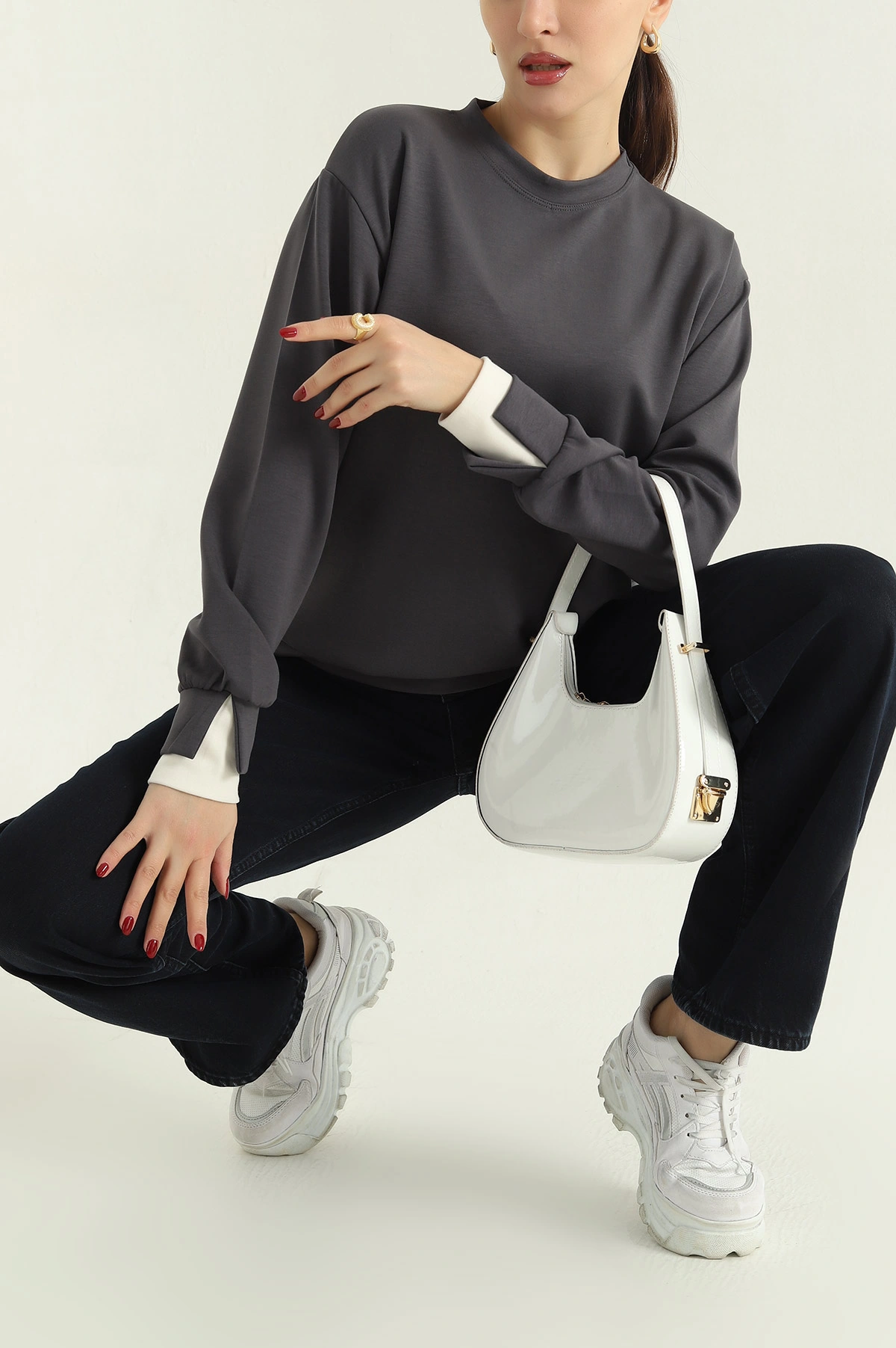 Füme Oysho Kumaş Garnili Bayan Sweat 335726