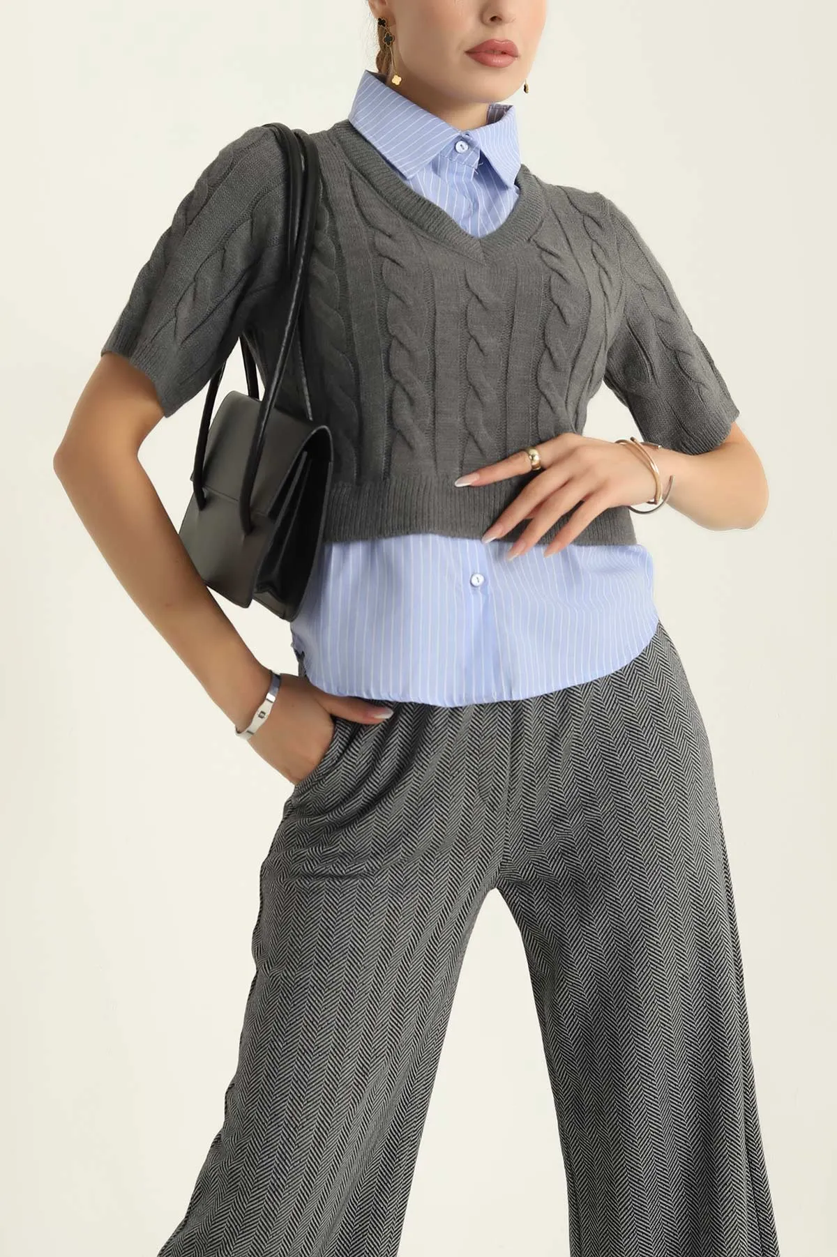 Füme Poplin Garnilli Triko Bluz 298043