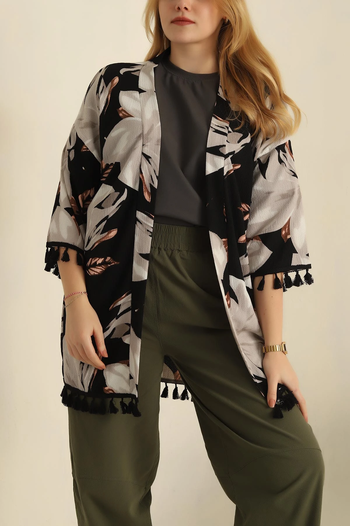 Füme Püsküllü Okyanus kumaş Kimono 251979