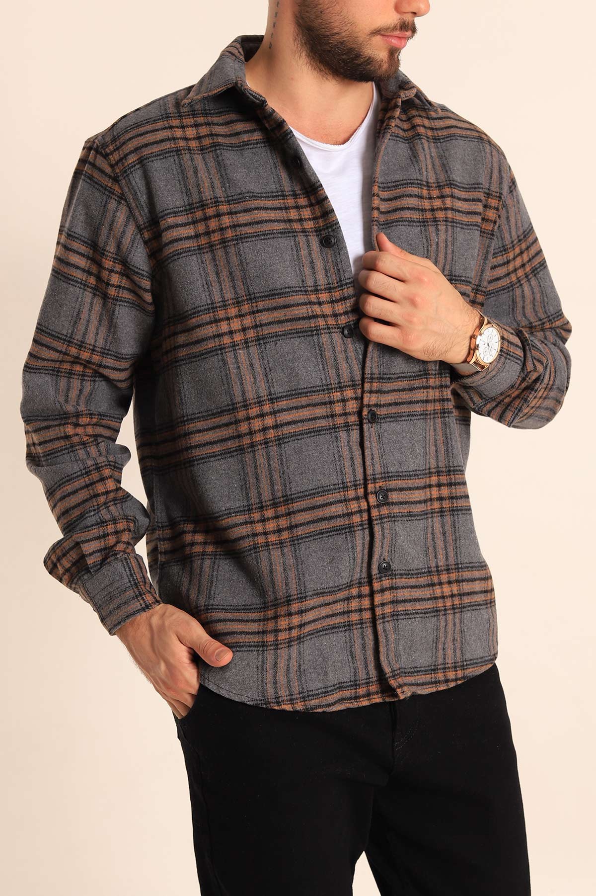 Füme Rahat Kalıp Ekose Desenli Erkek Oduncu Gömlek 221293