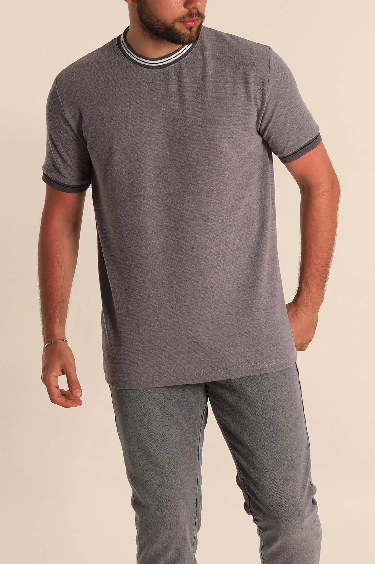 Füme Regular Fit Çizgili Yaka Detaylı Erkek Tişört 277156