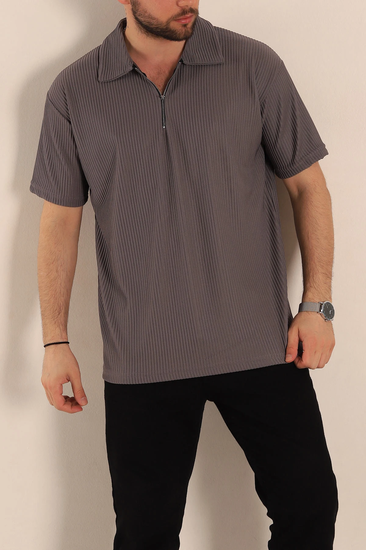 Füme Relaxed Fit Fitilli Dokulu Jakarlı Fermuarlı Polo Yaka Erkek Tişört 270754