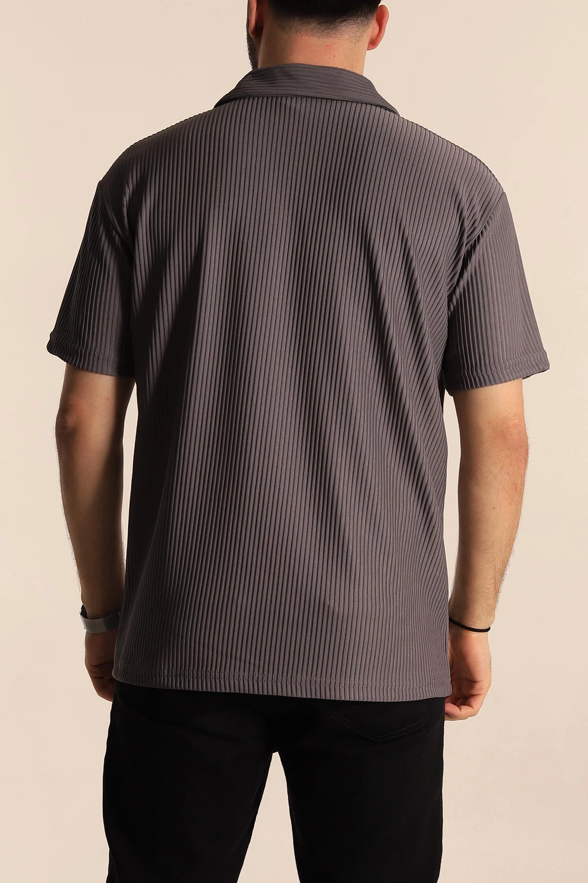 Füme Relaxed Fit Fitilli Dokulu Jakarlı Fermuarlı Polo Yaka Erkek Tişört 270754