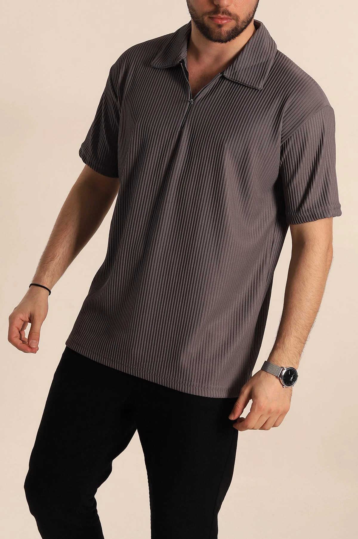 Füme Relaxed Fit Fitilli Dokulu Jakarlı Fermuarlı Polo Yaka Erkek Tişört 270754