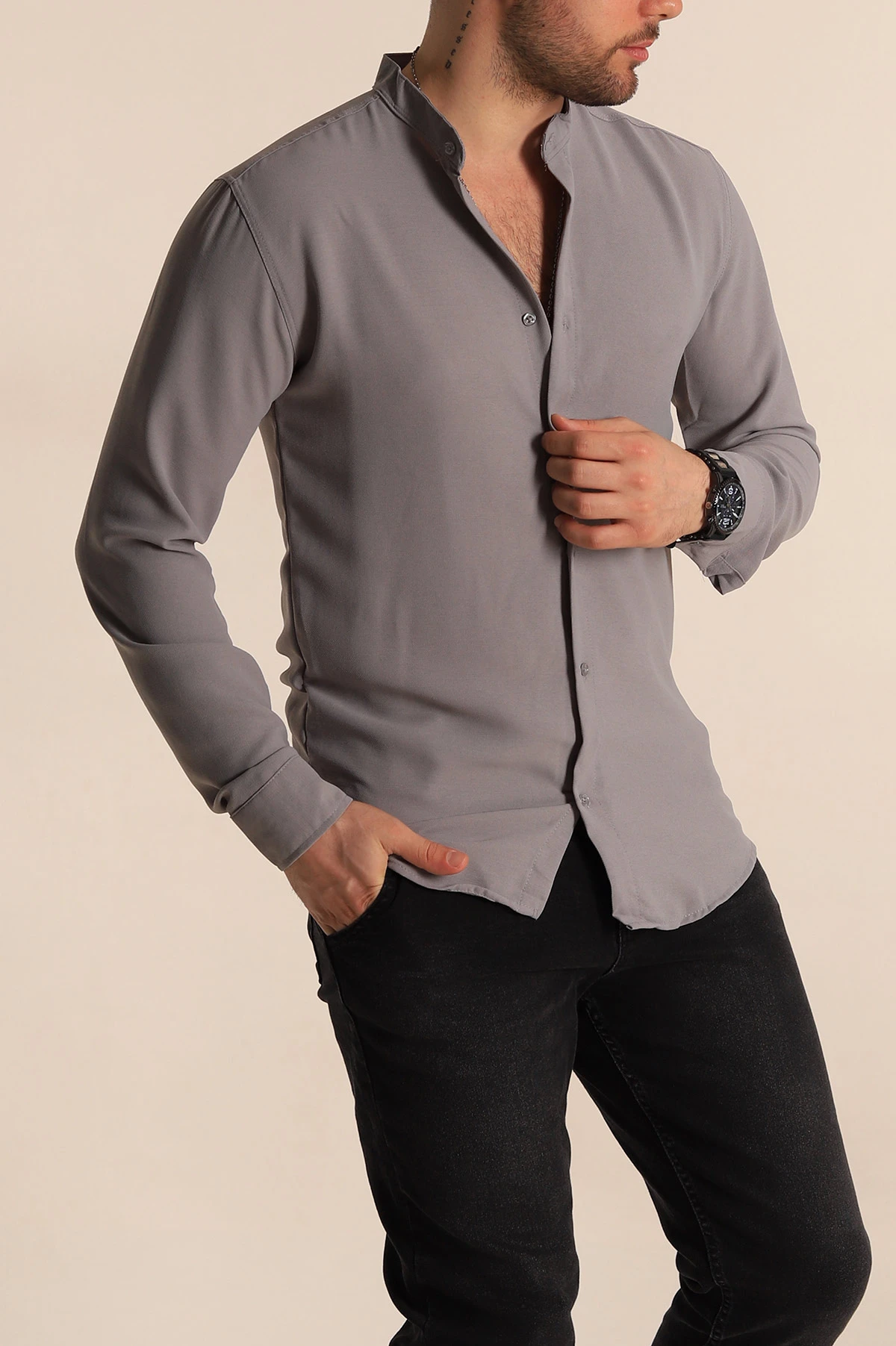 Füme Relaxed Fit Hakim Yaka Erkek Gömlek 267042