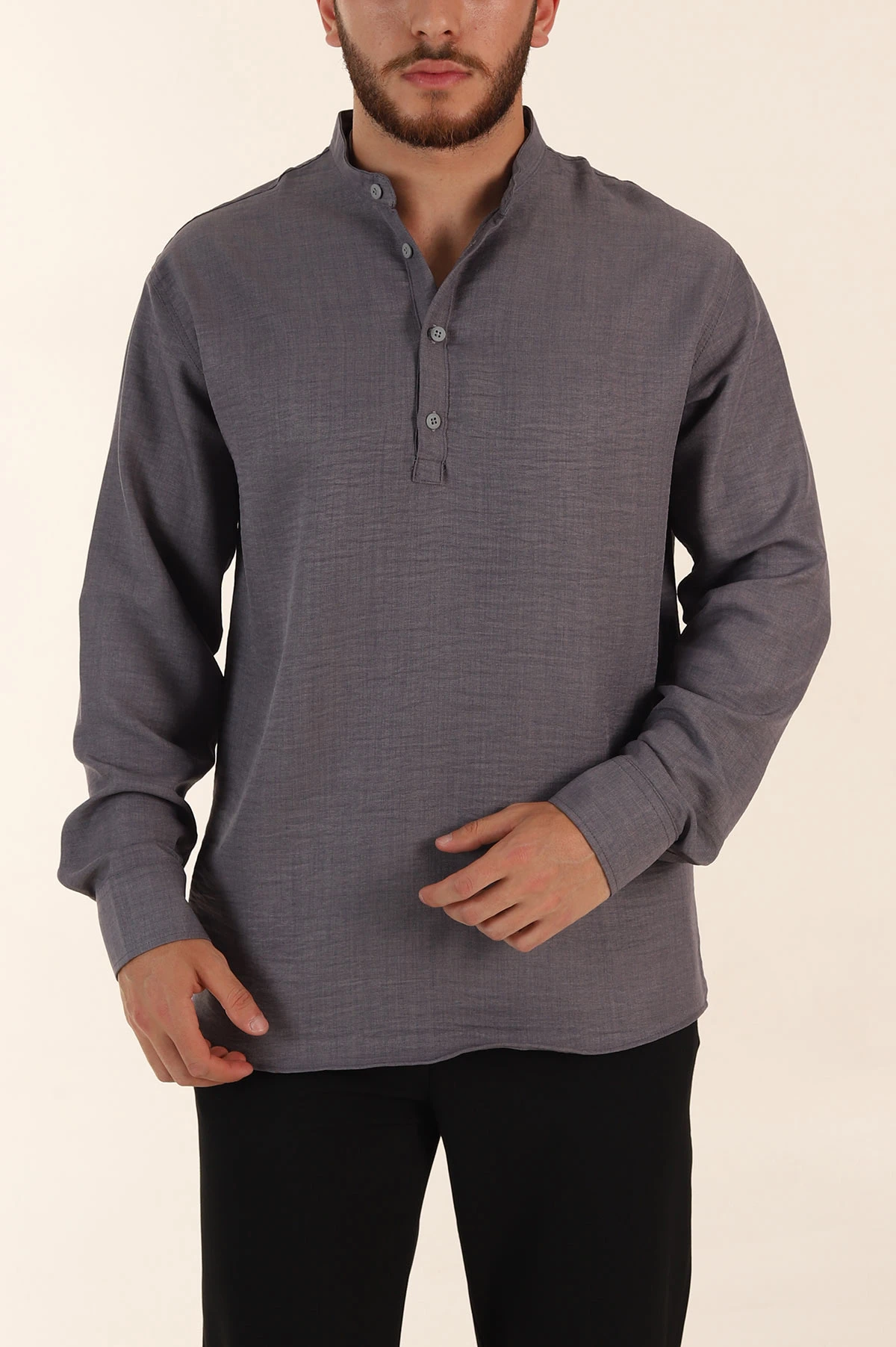 Füme Relaxed Fit Hakim Yaka Yarım Düğmeli Erkek Gömlek 369857
