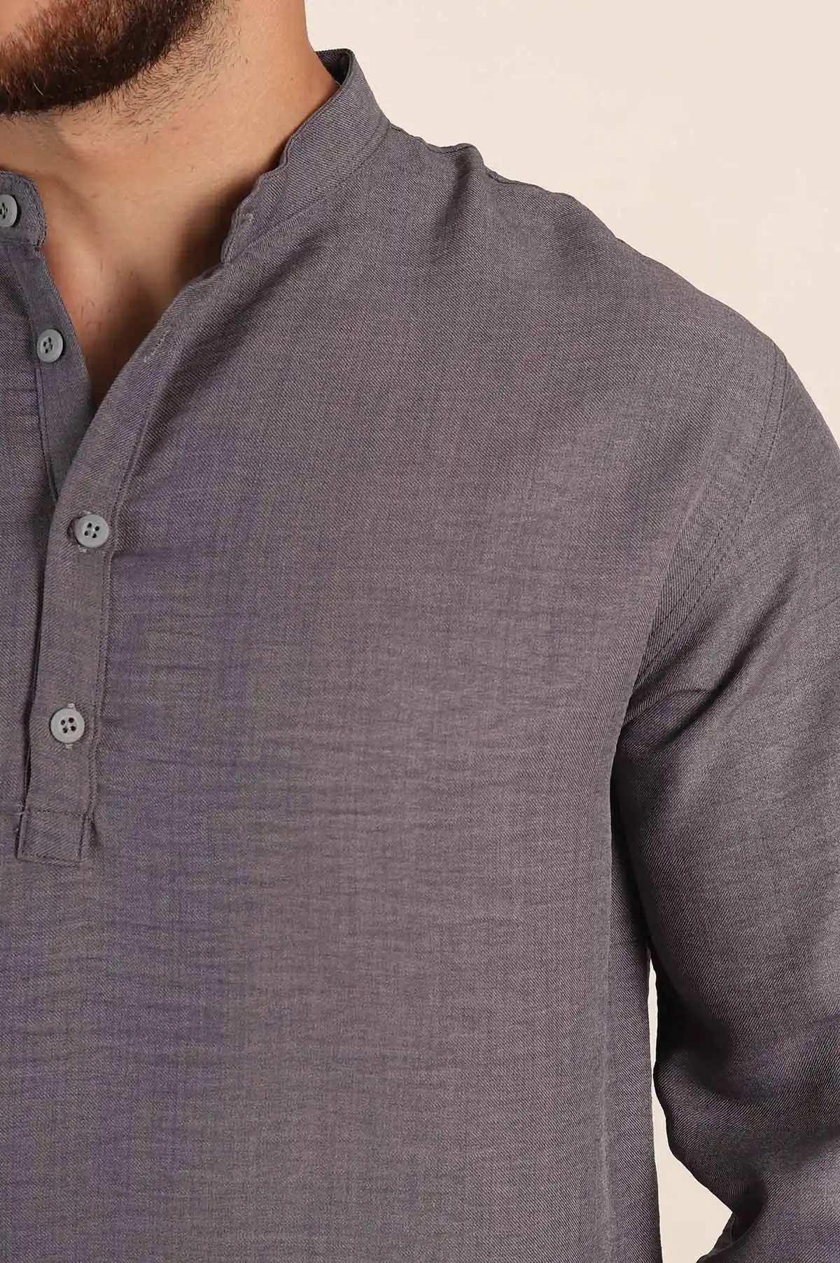 Füme Relaxed Fit Hakim Yaka Yarım Düğmeli Erkek Gömlek 369857