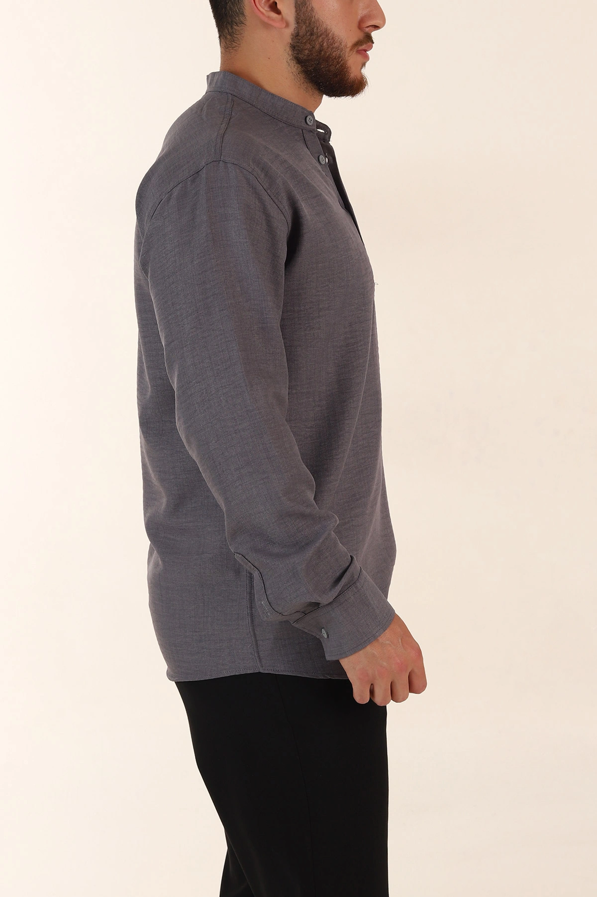 Füme Relaxed Fit Hakim Yaka Yarım Düğmeli Erkek Gömlek 369857