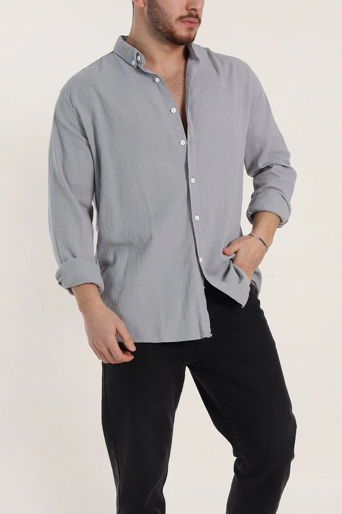 Füme Relaxed Fit Keten Ata Yaka Erkek Gömlek 339167