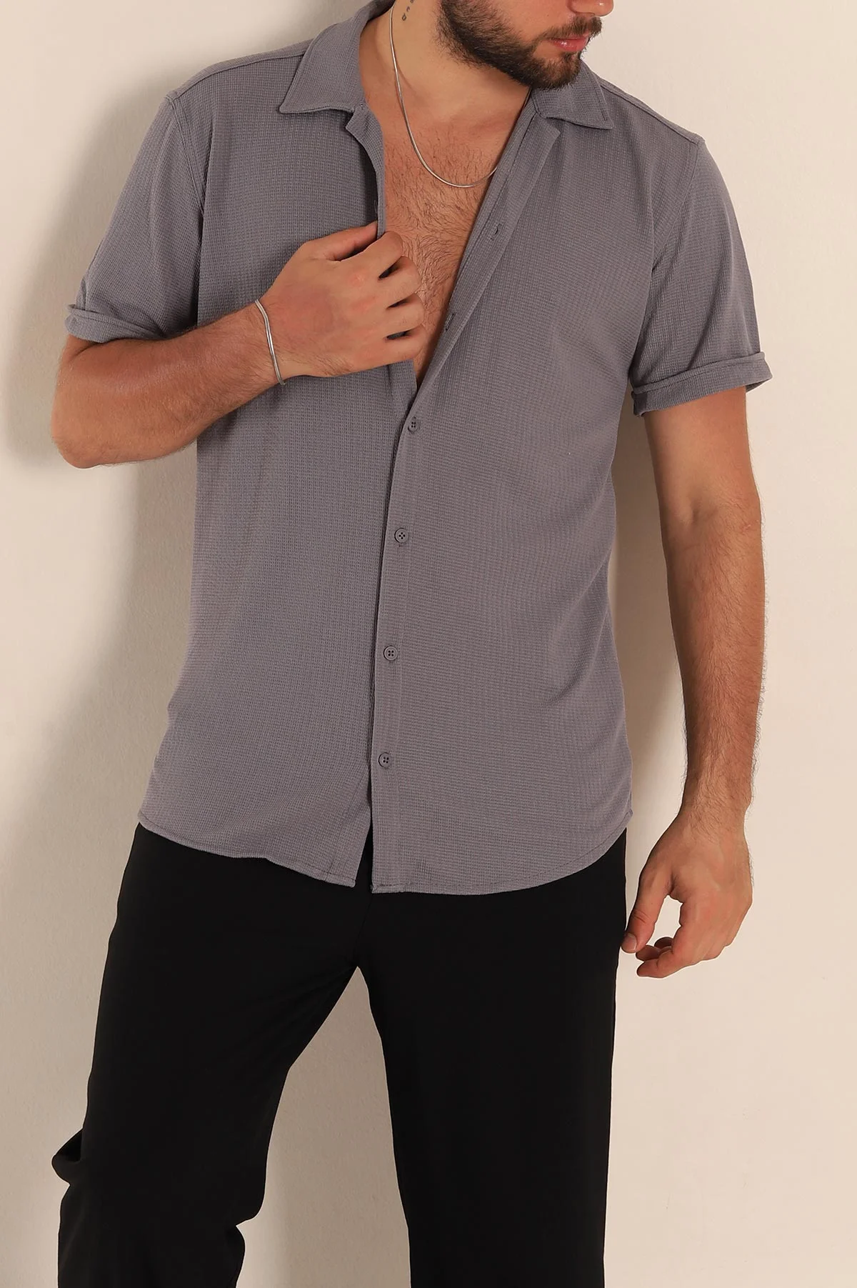Füme Relaxed Fit Örme Duble Kısa Kollu Erkek Gömlek 275340