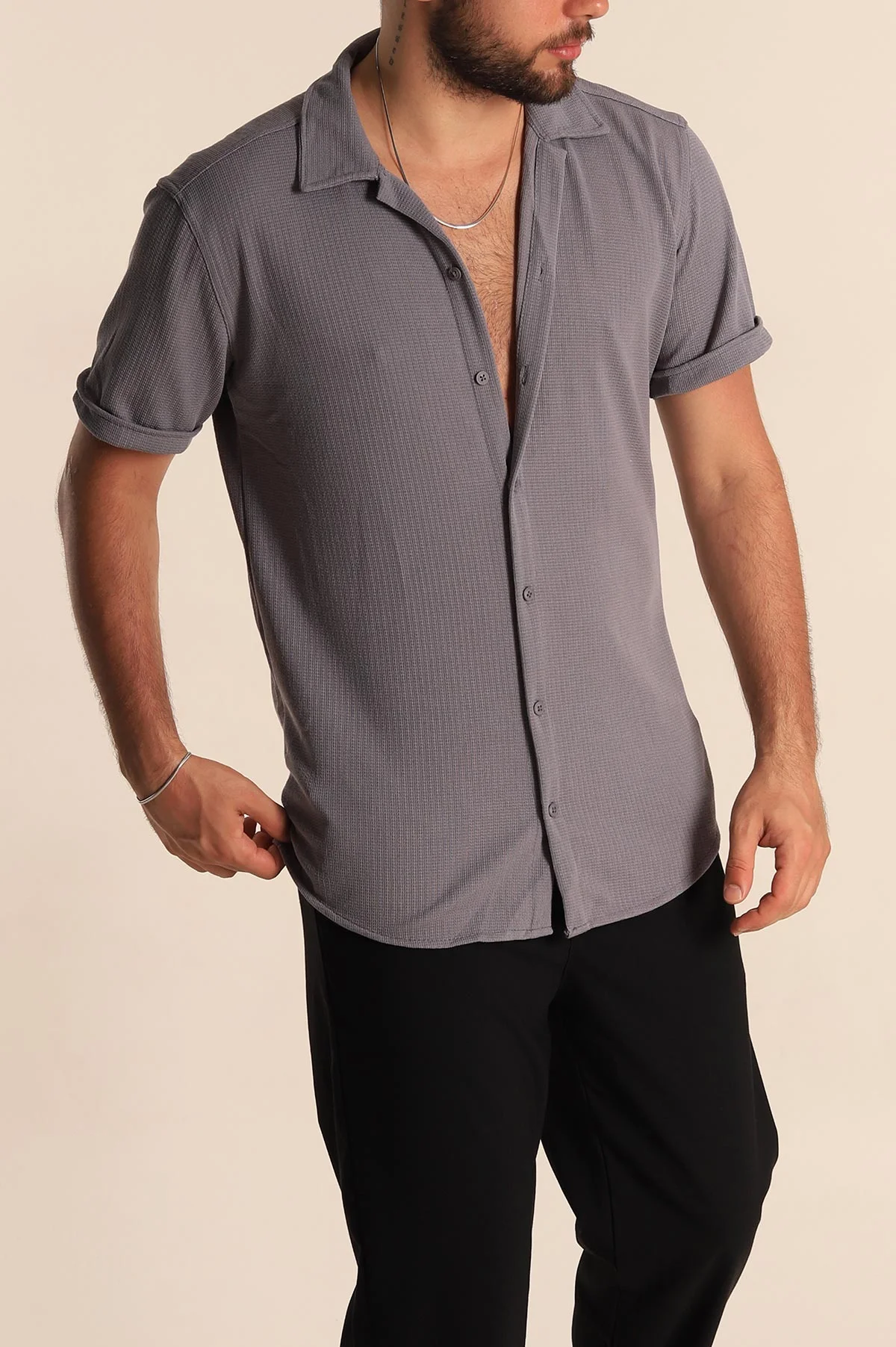 Füme Relaxed Fit Örme Duble Kısa Kollu Erkek Gömlek 275340
