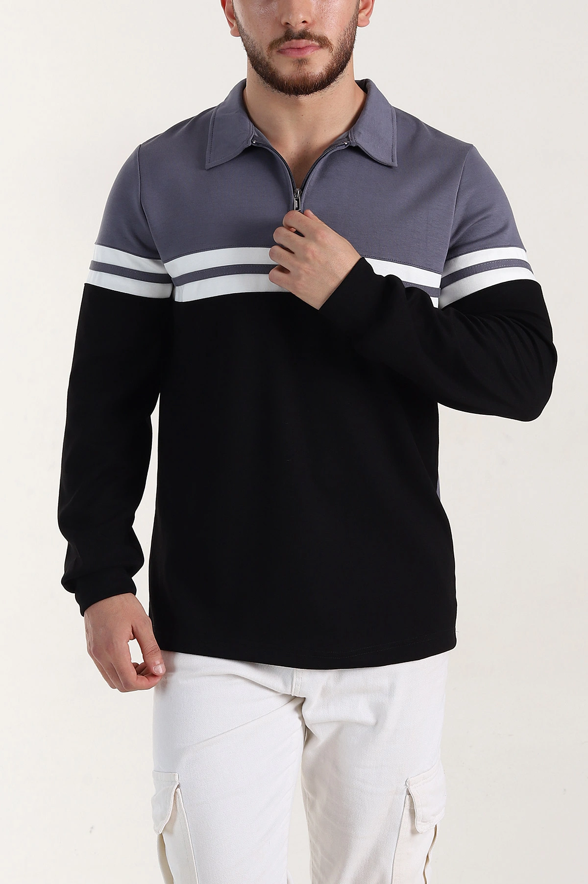 Füme Relaxed Fit Oysho Kumaş Fermuarlı Polo Yaka Sweatshirt 399551