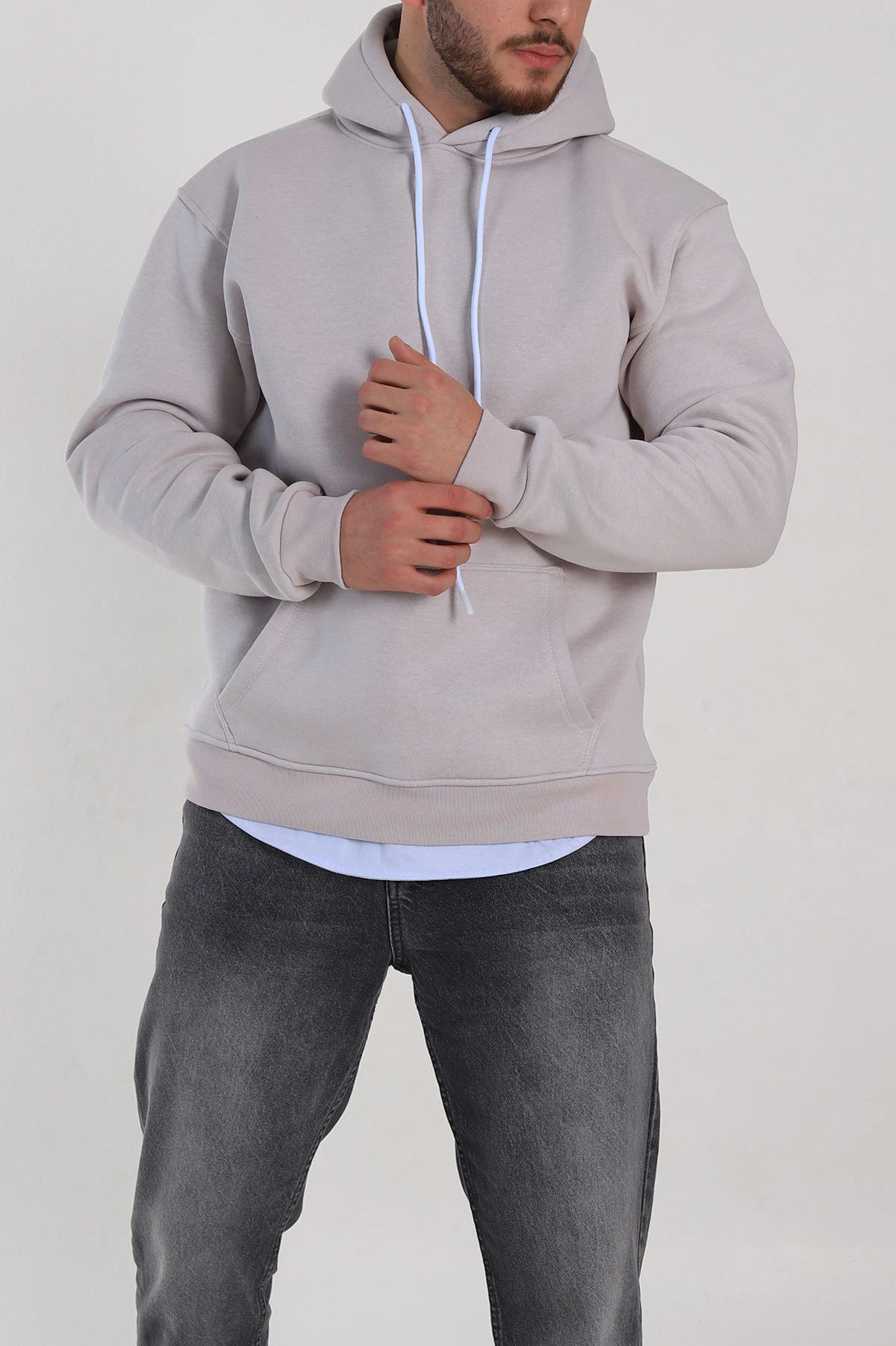 Pudra Relaxed Fit Üç İp Şardonlu Kapüşonlu Basic Erkek Sweatshirt 333292