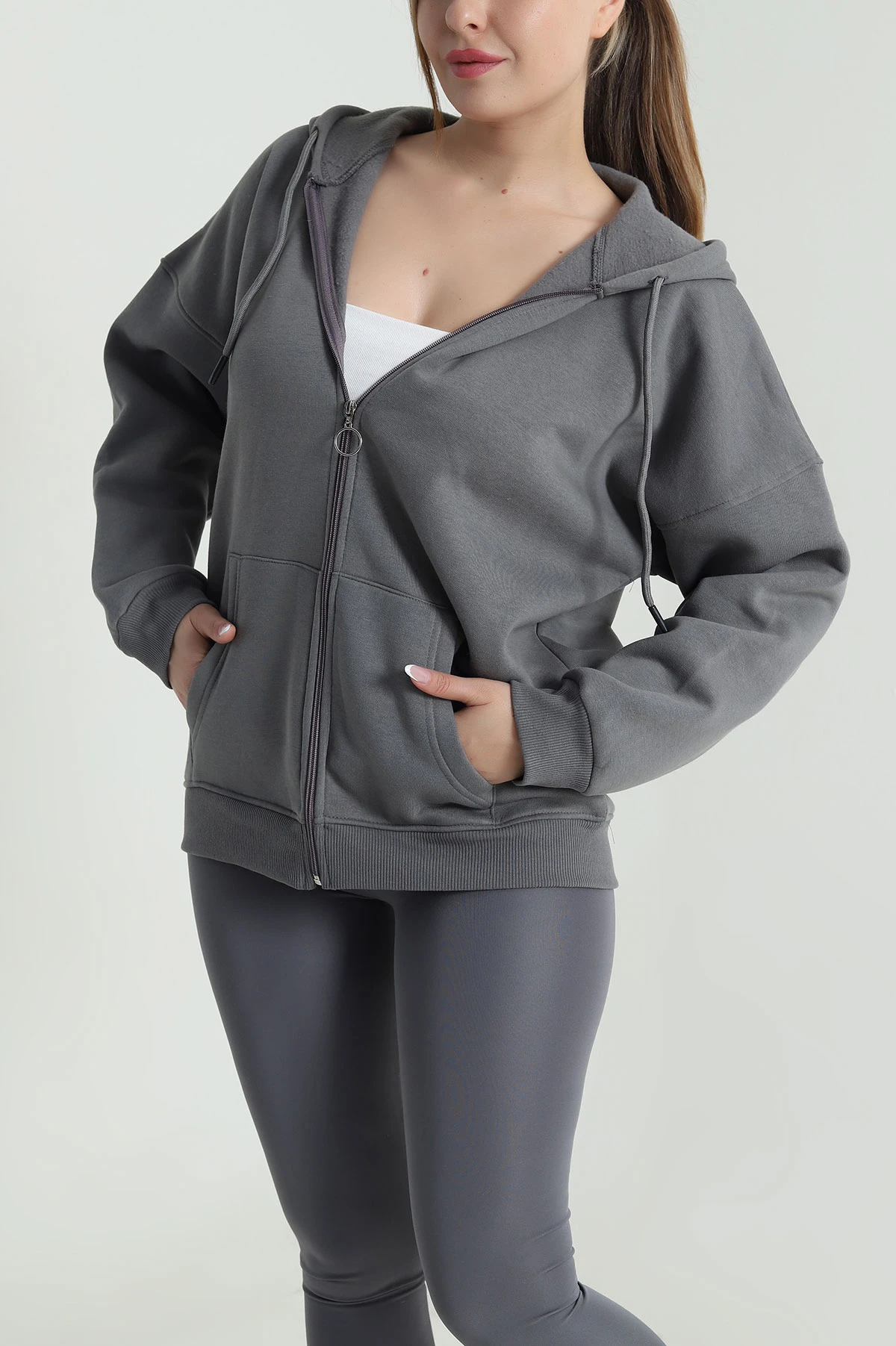 Füme Şardonlu Üç İp Fermuarlı Kadın Sweat 484574
