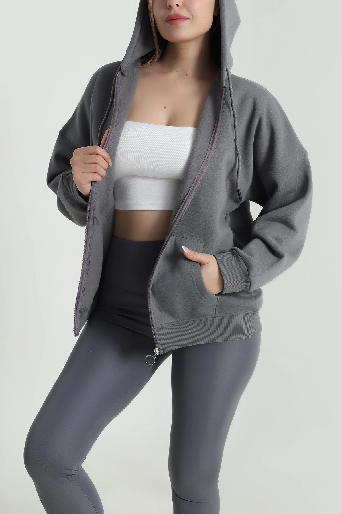 Füme Şardonlu Üç İp Fermuarlı Kadın Sweat 484574