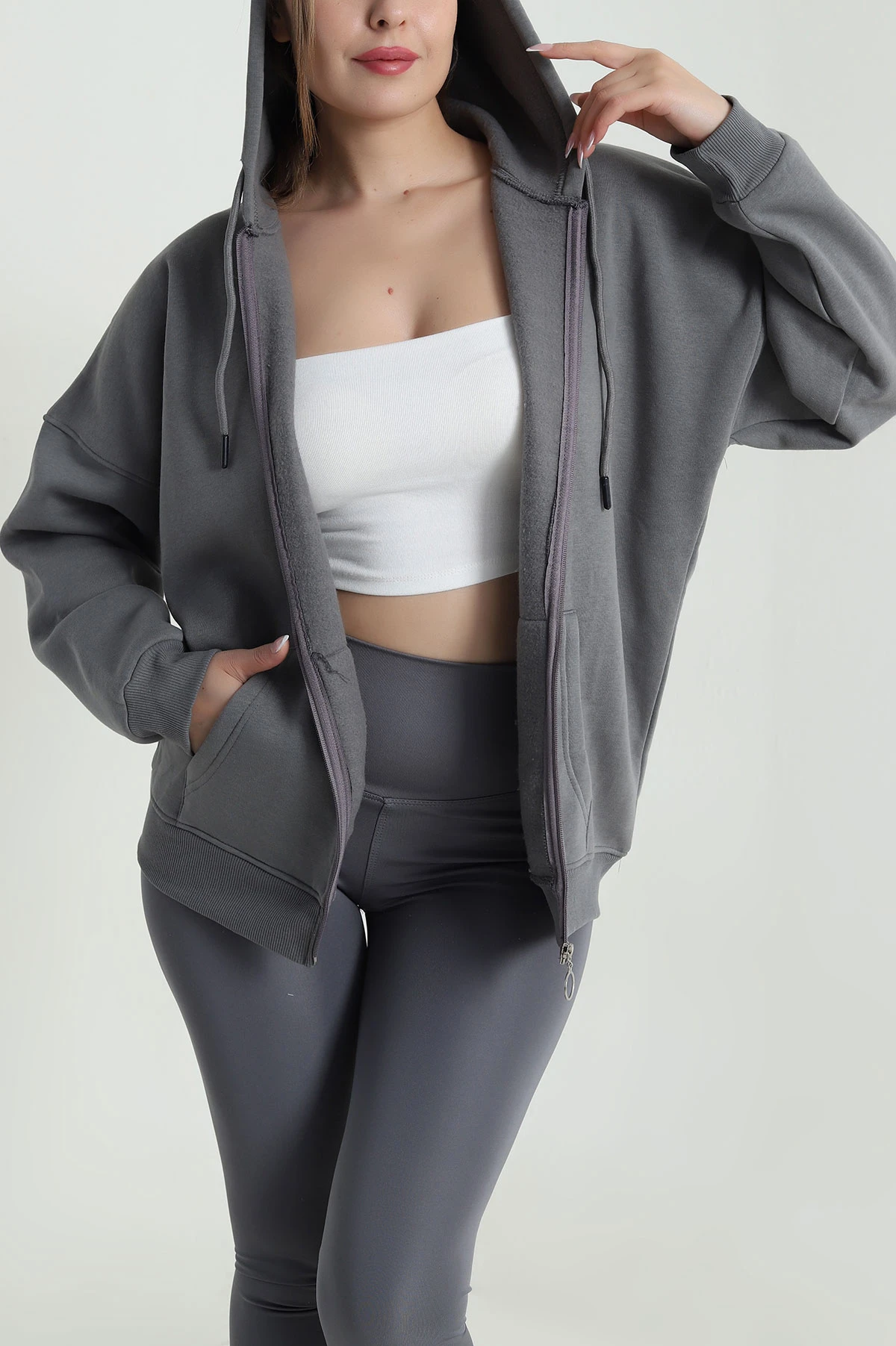 Füme Şardonlu Üç İp Fermuarlı Kadın Sweat 484574