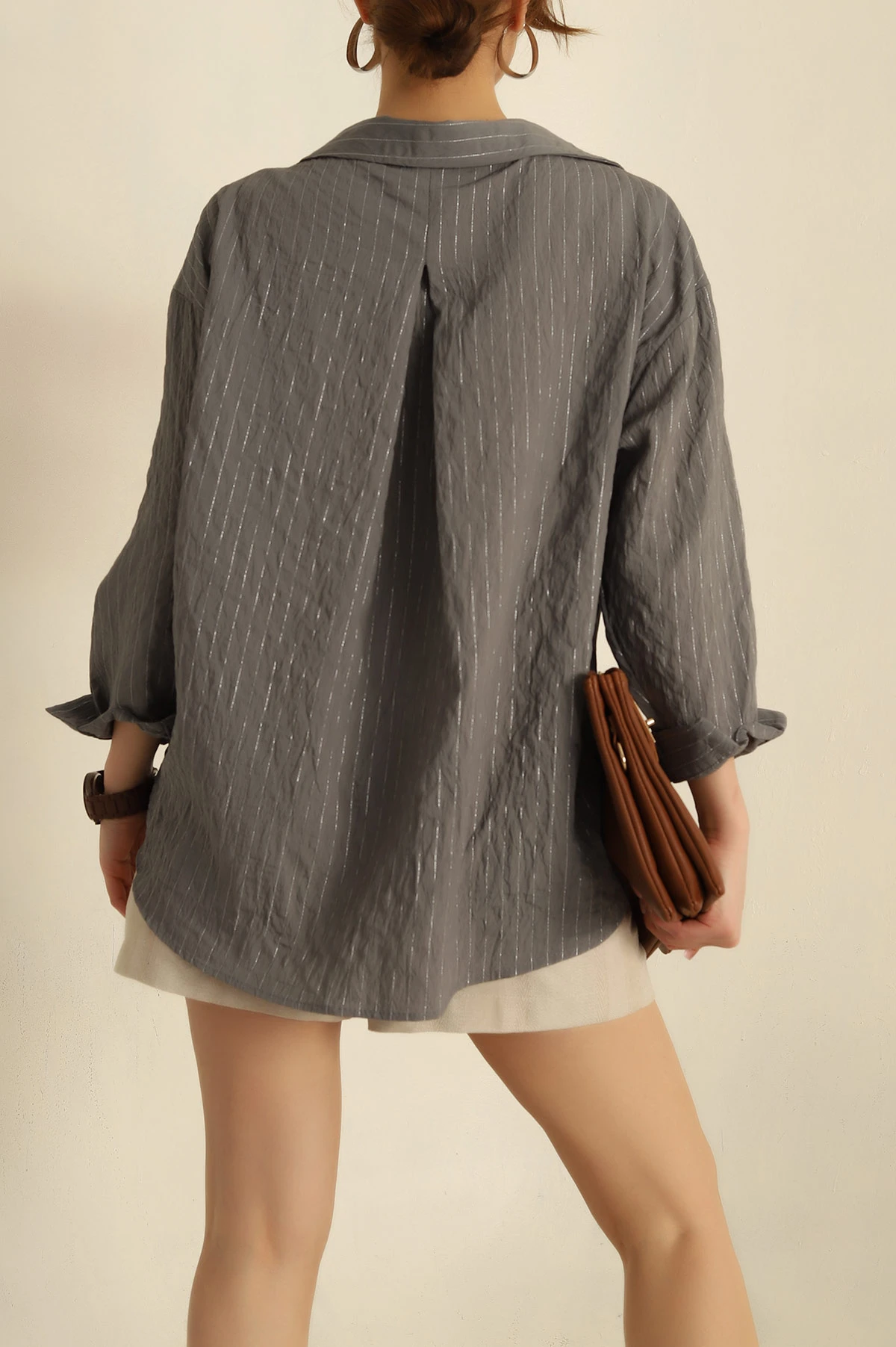 Füme Sim Çizgili Oversize Gömlek 260806