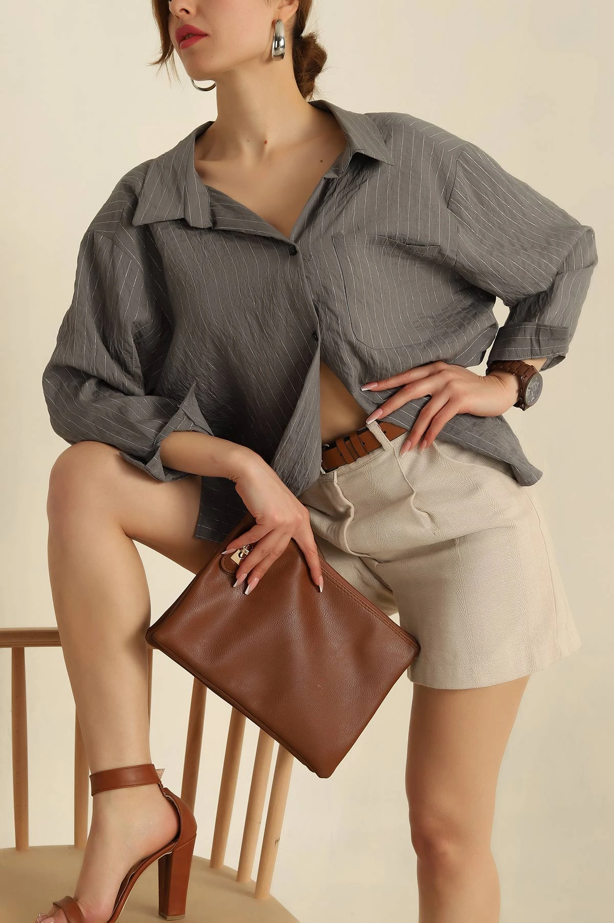 Füme Sim Çizgili Oversize Gömlek 260806