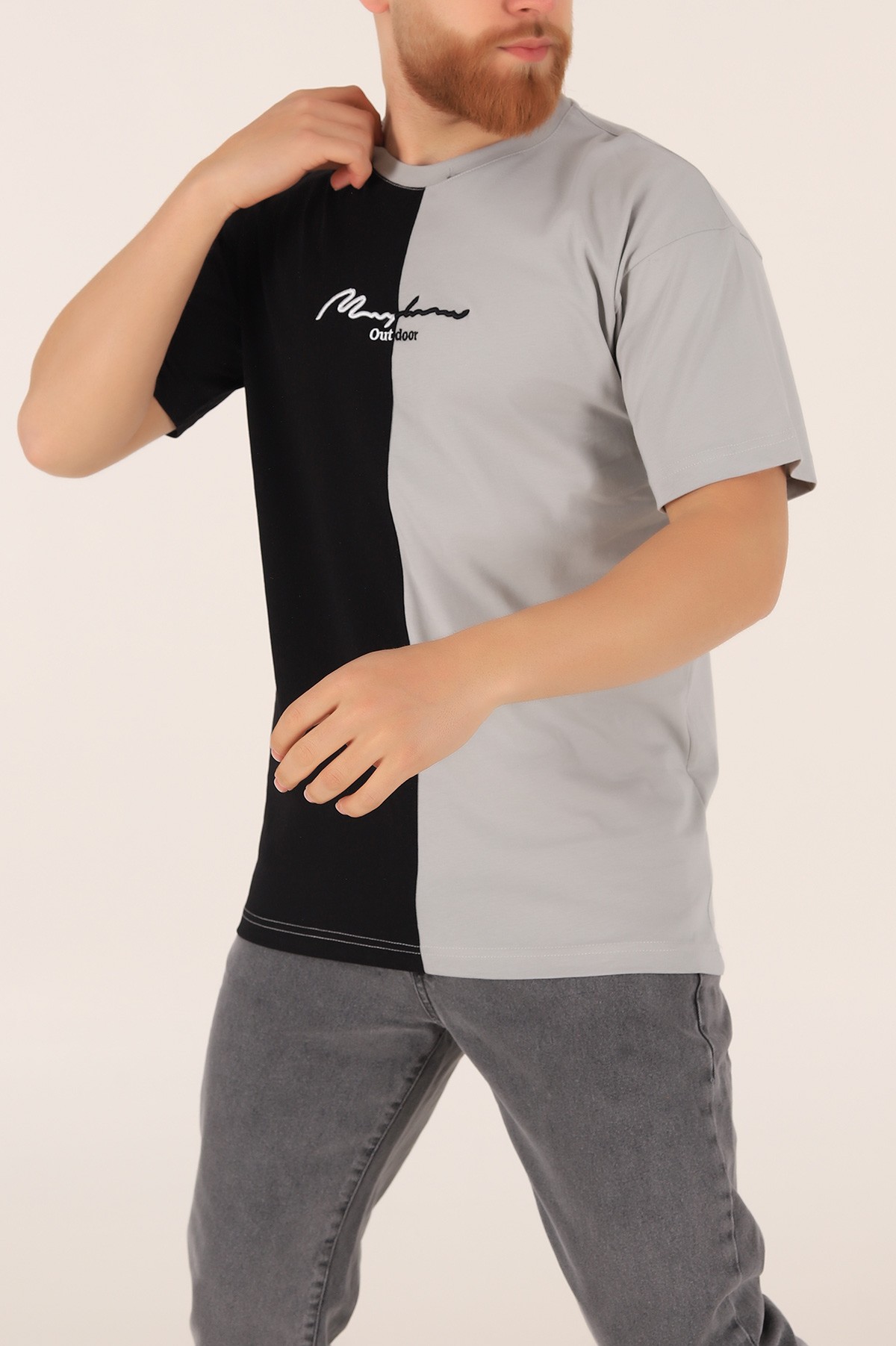 Füme Siyah Oversize Nakışlı  Erkek Tişört 169659