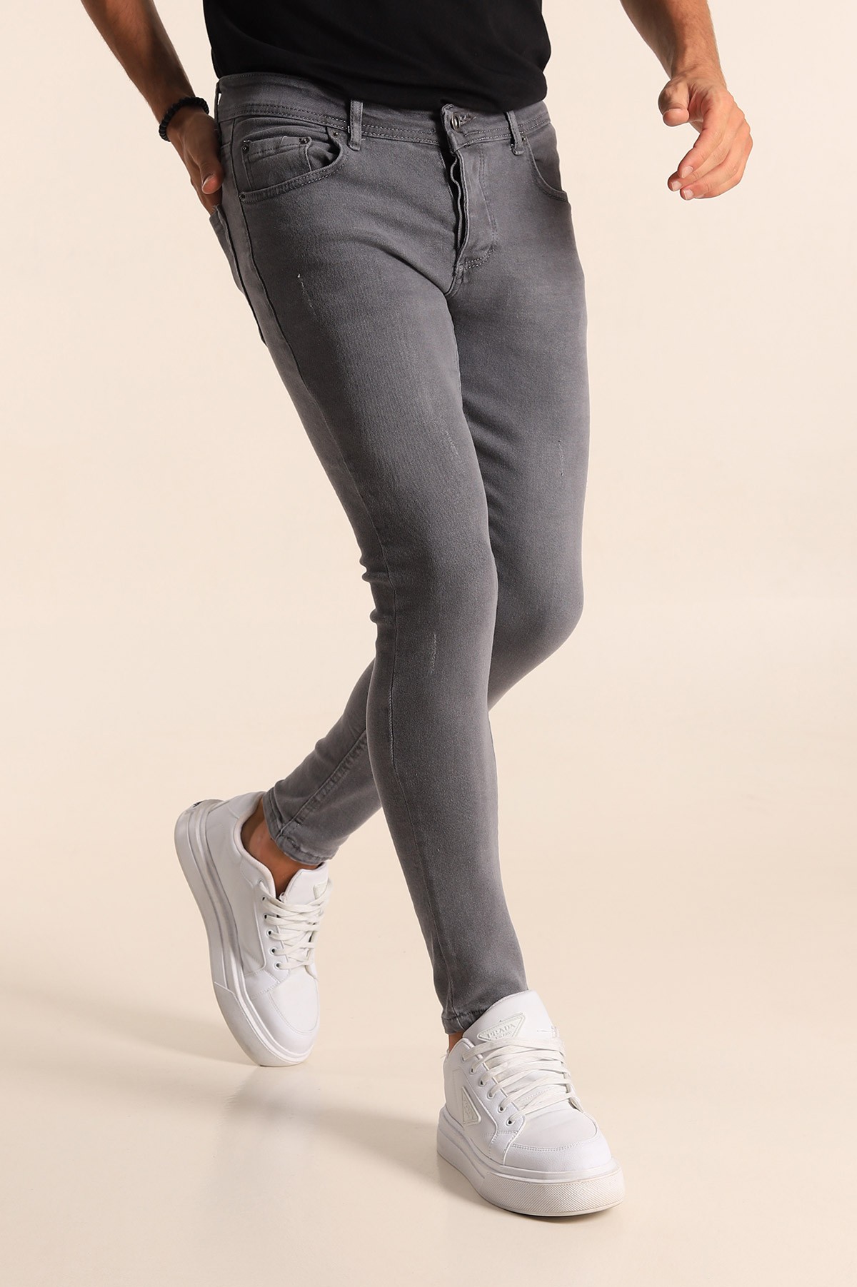 Füme Skinny Fit Likralı Taşlama Detaylı Erkek Kot Pantolon 194712