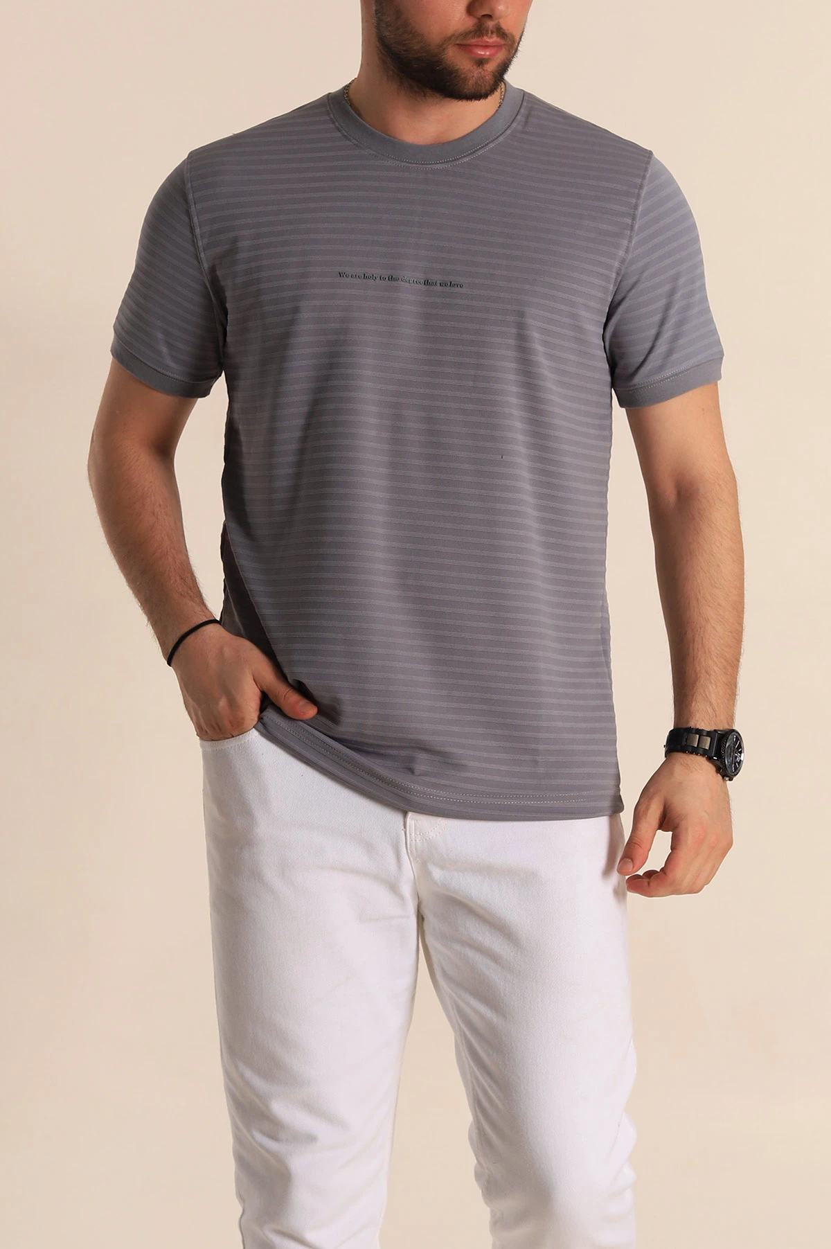 Füme Slim Fit Çizgi Detay Likralı Erkek Tişört 268687