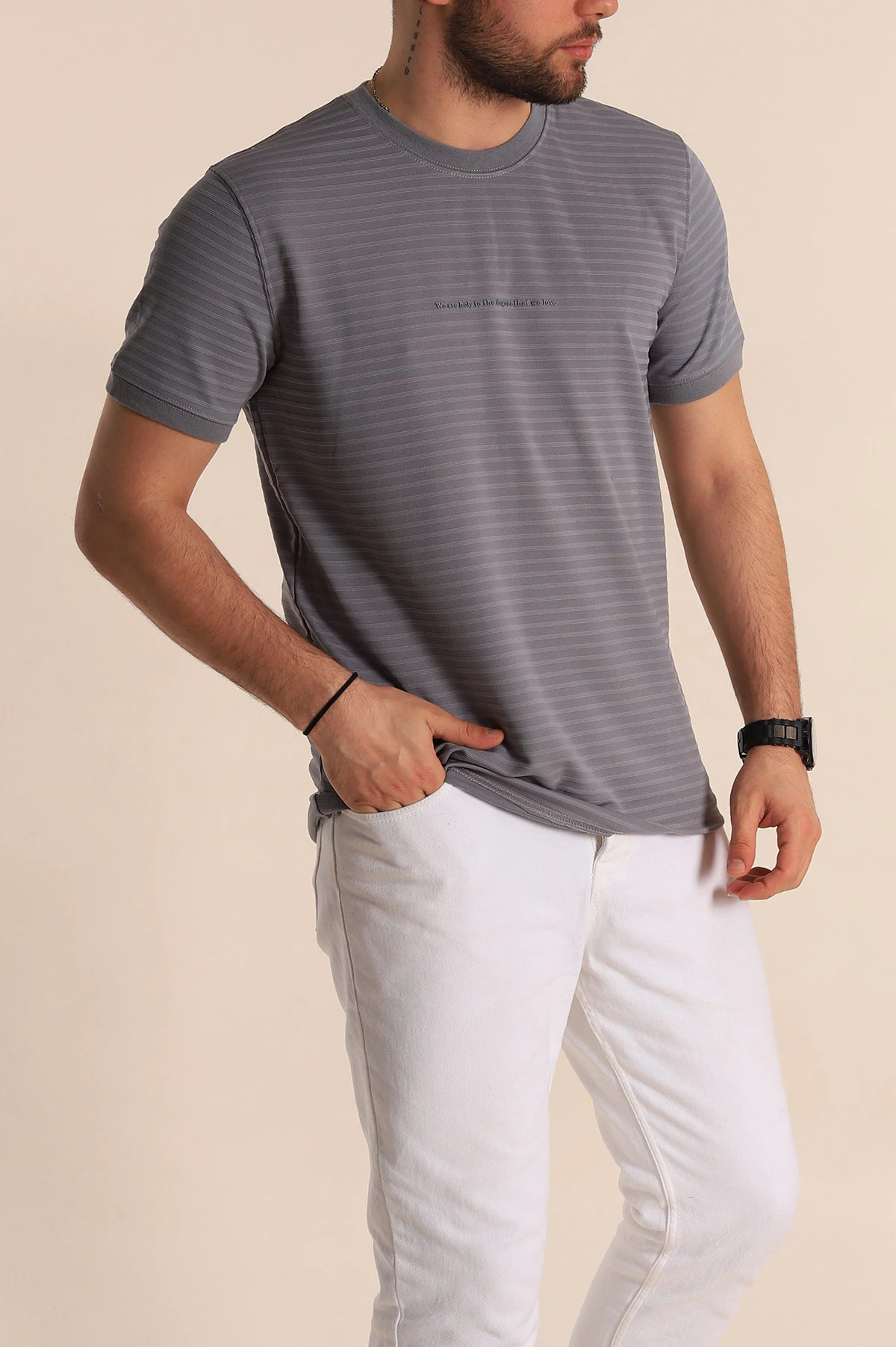 Füme Slim Fit Çizgi Detay Likralı Erkek Tişört 268687