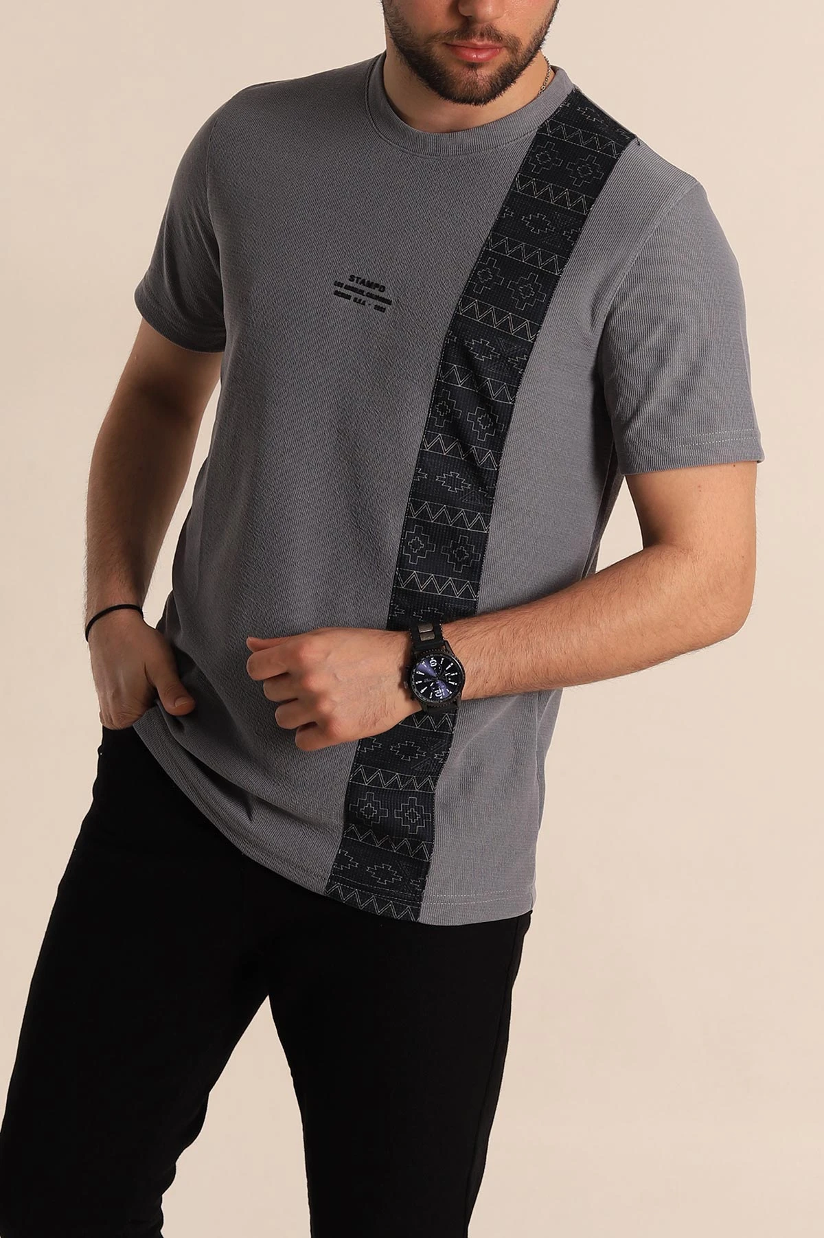 Füme Slim fit Desenli Yazı Detay Erkek Tişört 268628