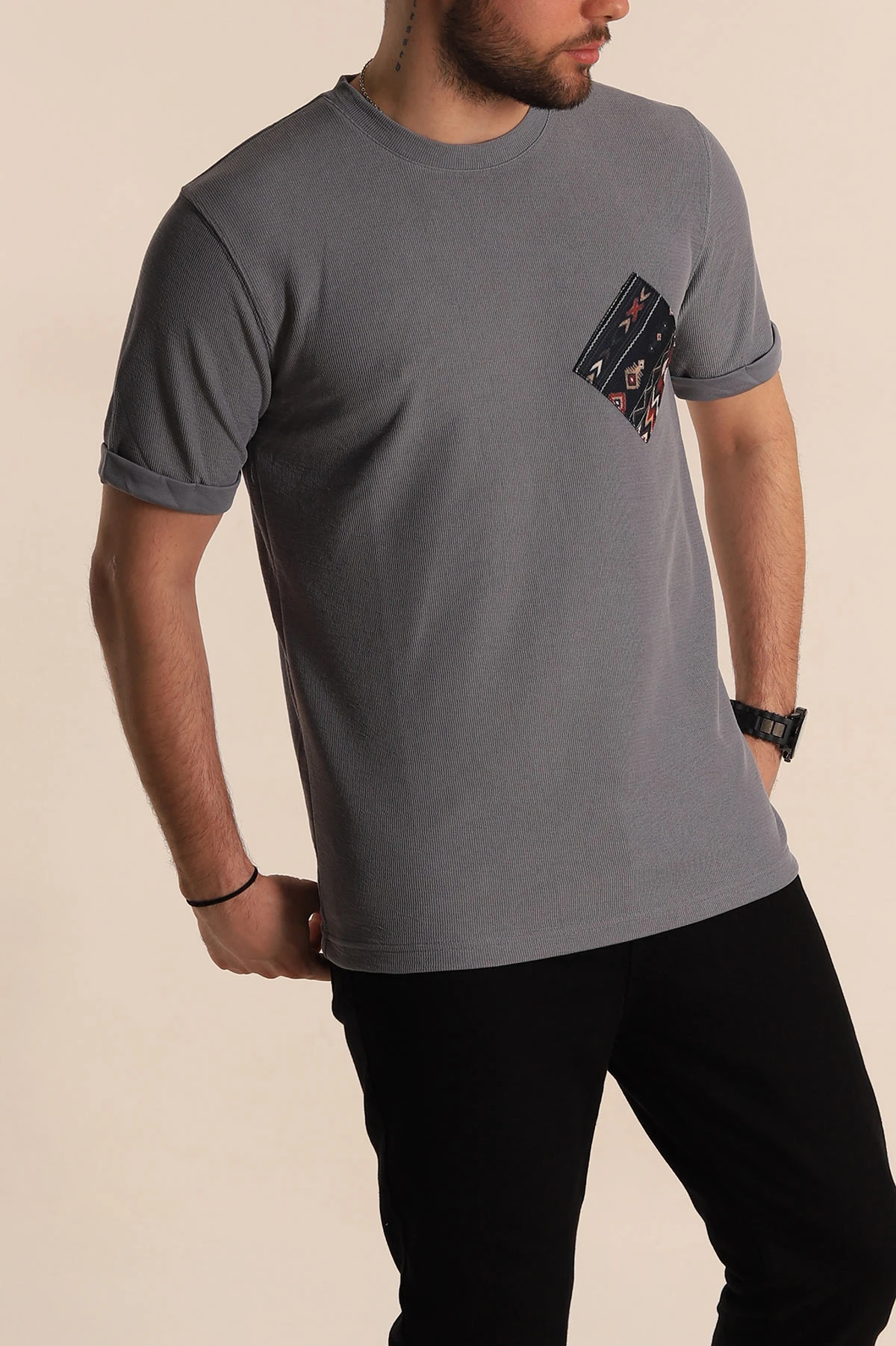 Füme Slim Fit Etnik Desen Yamalı Duble Kol Erkek Tişört 268709