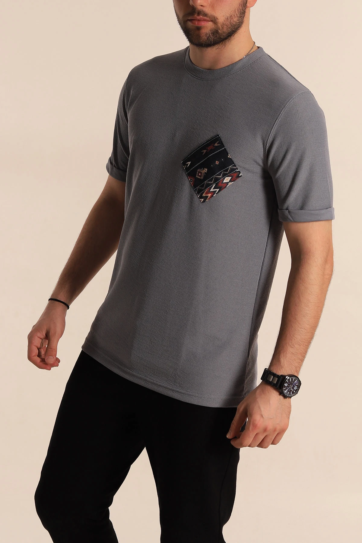 Füme Slim Fit Etnik Desen Yamalı Duble Kol Erkek Tişört 268709