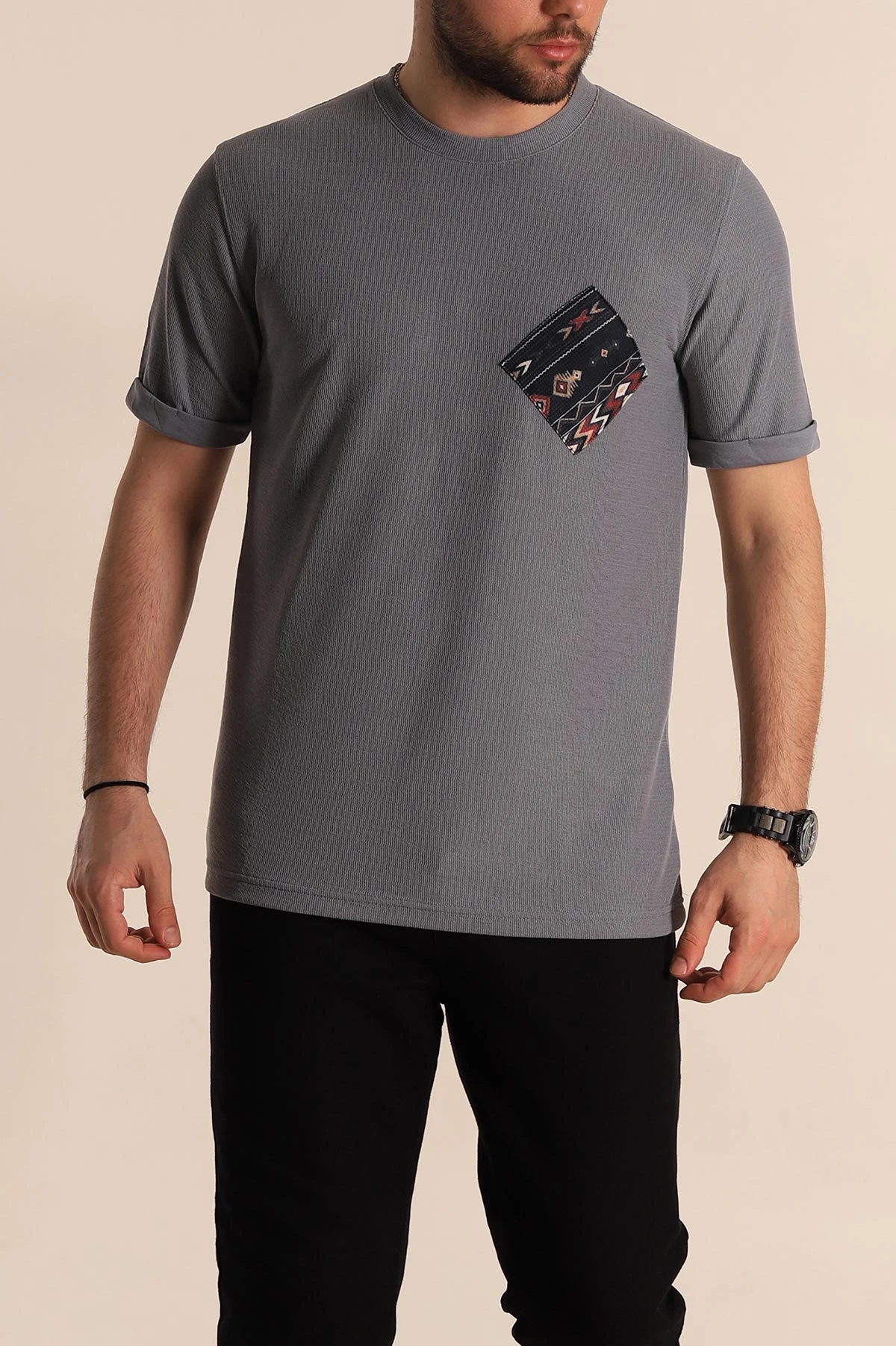 Füme Slim Fit Etnik Desen Yamalı Duble Kol Erkek Tişört 268709