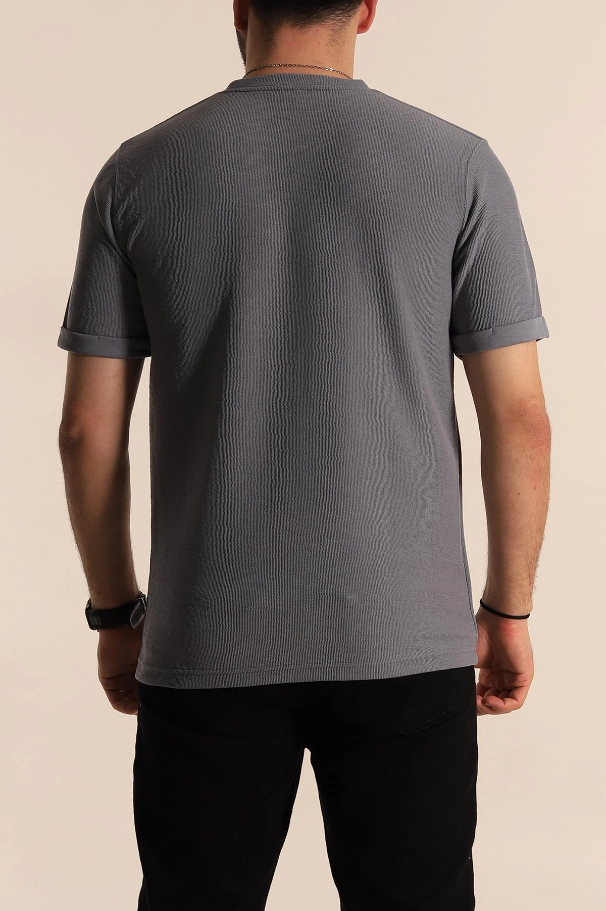 Füme Slim Fit Etnik Desen Yamalı Duble Kol Erkek Tişört 268709