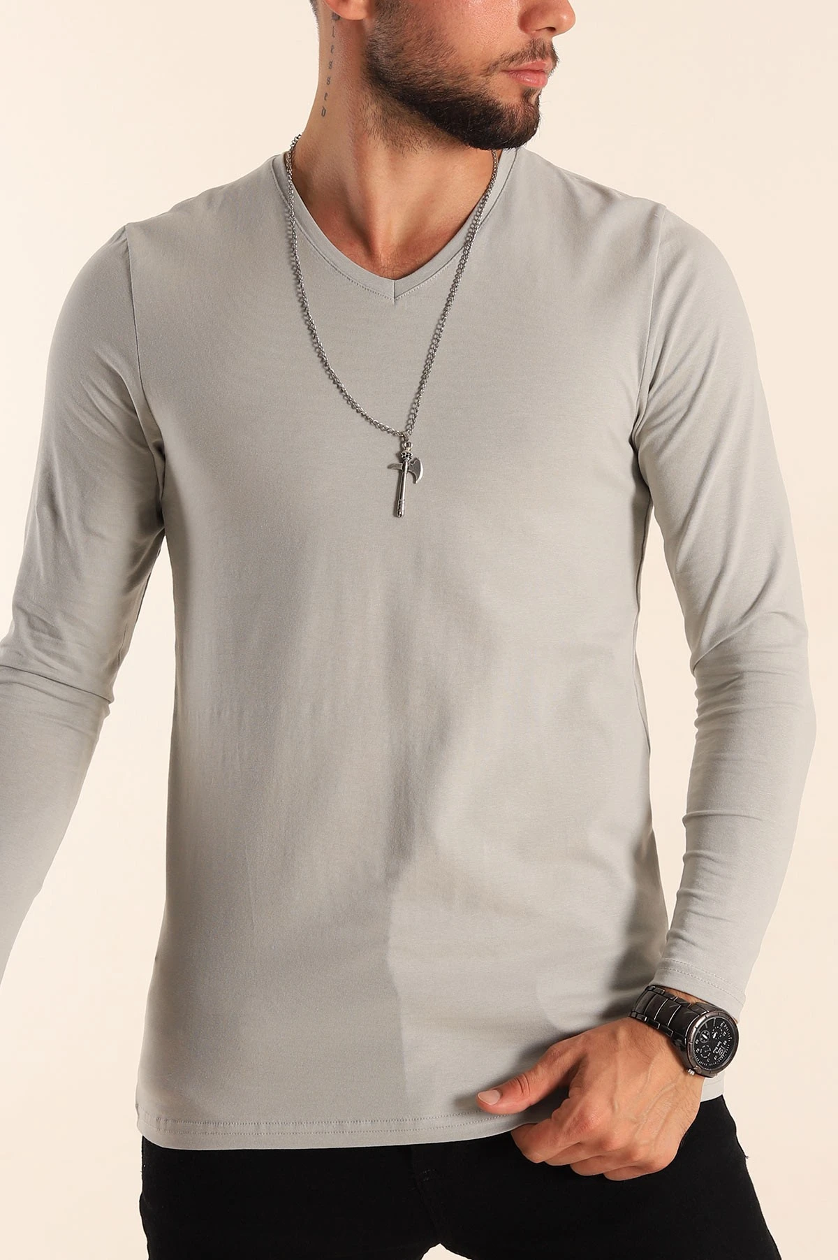 Füme Slim Fit V Yaka Likralı Basic Erkek Sweatshirt 234994