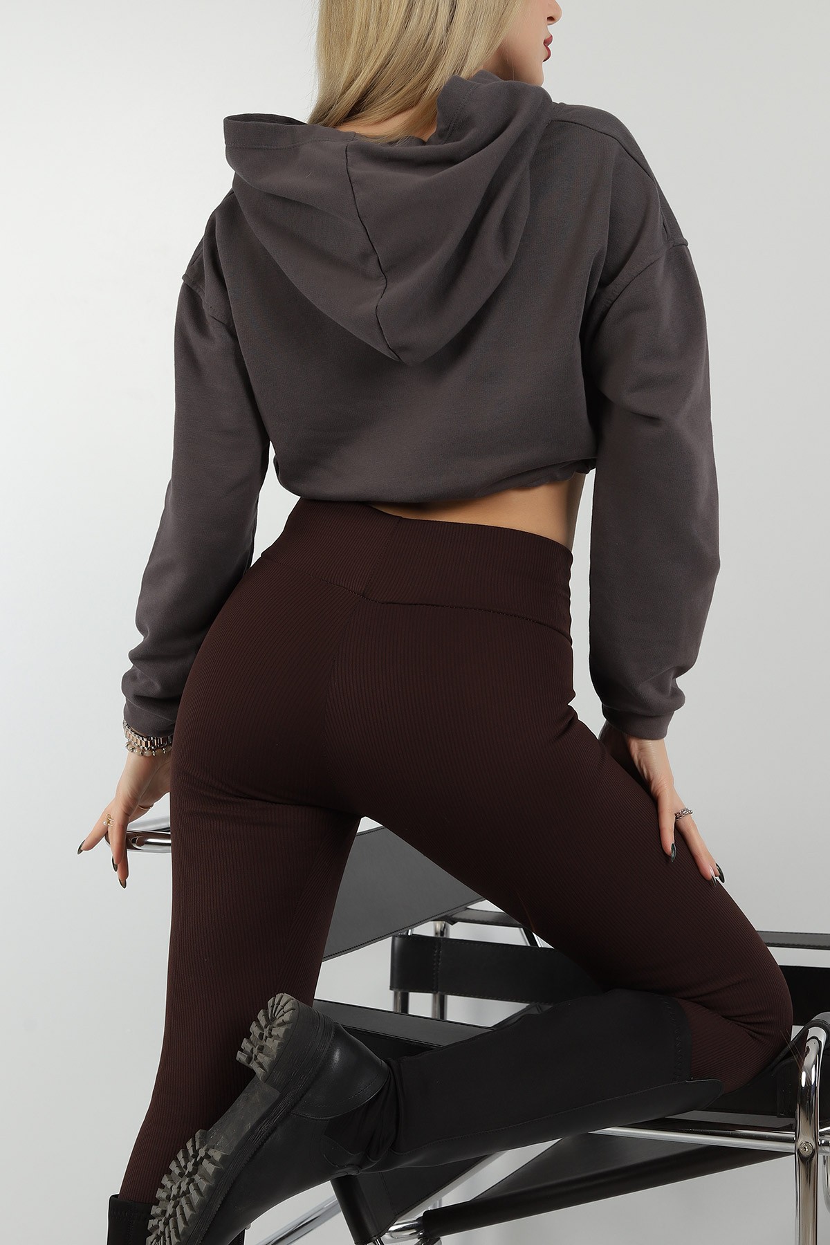Füme Üç İp Kapüşonlu Bayan Sweat -T 149325