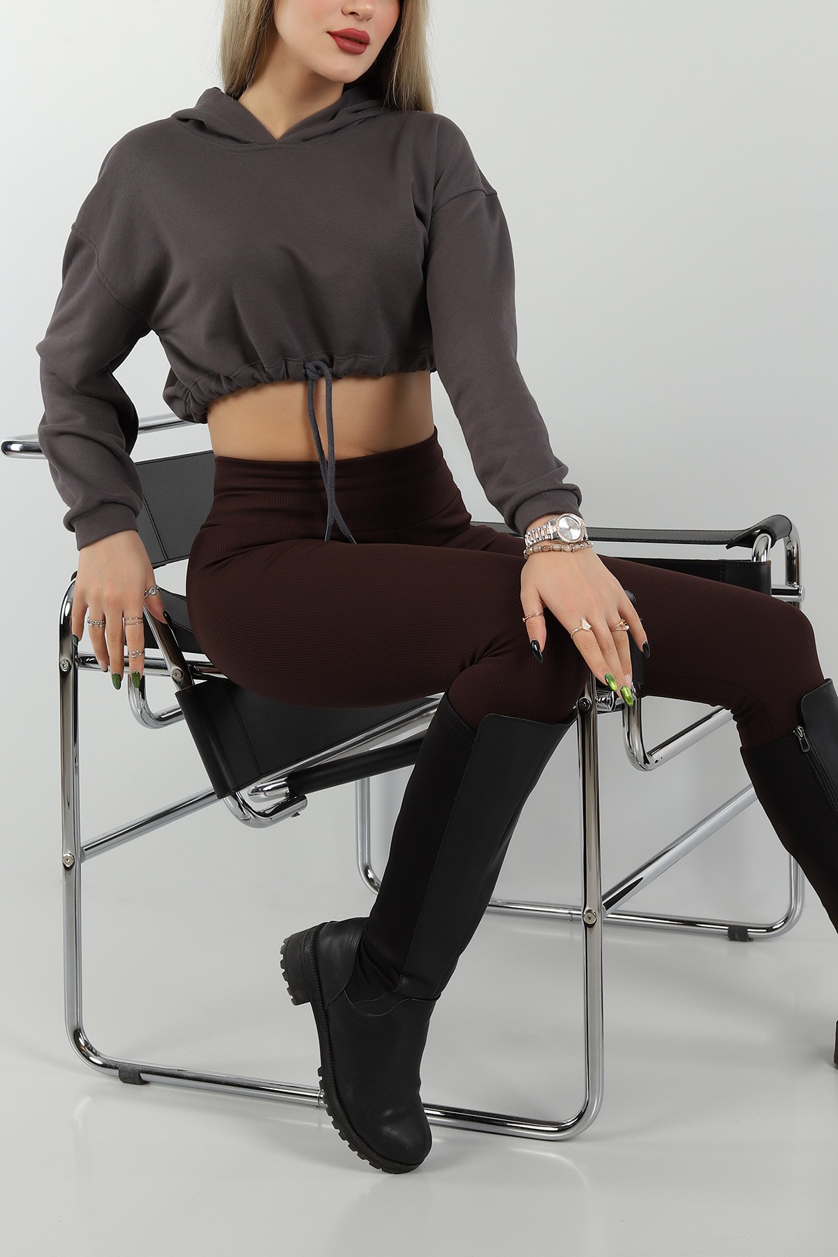 Füme Üç İp Kapüşonlu Bayan Sweat -T 149325