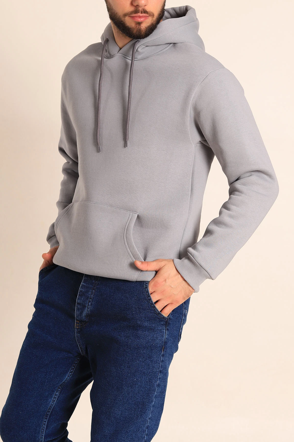 Füme Üç İp Şardonlu Kapüşonlu Basic Erkek Sweatshirt 226426